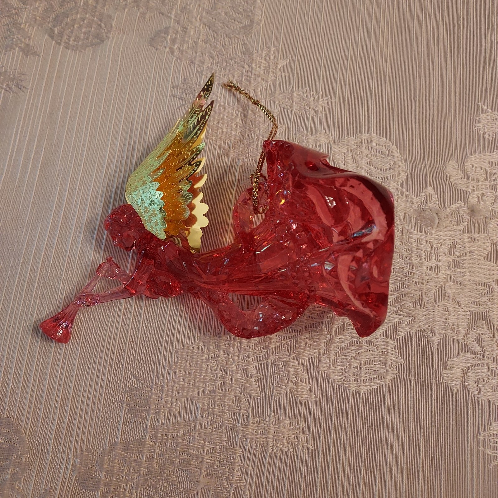 Lovely Vintage Lucite Pink Angel Christmas Ornament Gold Brass Wings Taiwan