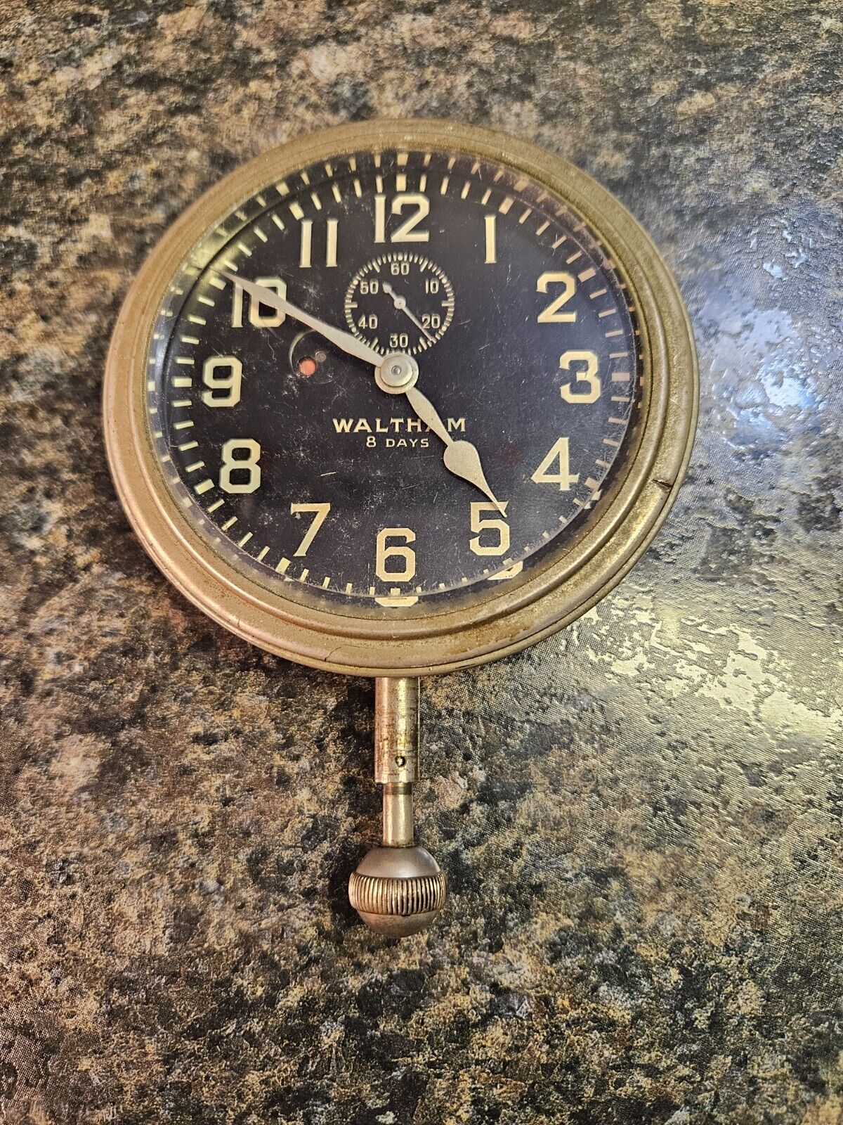 Antique Waltham 8 Days Automobile Clock Black Face Beveled Glass