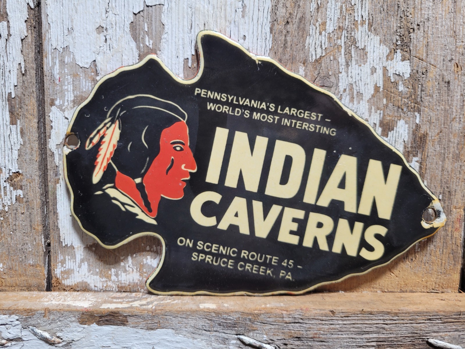 VINTAGE INDIAN CAVERNS PORCELAIN SIGN OLD PENNSYLVANIA ARROWHEAD CAVE PARK TOUR