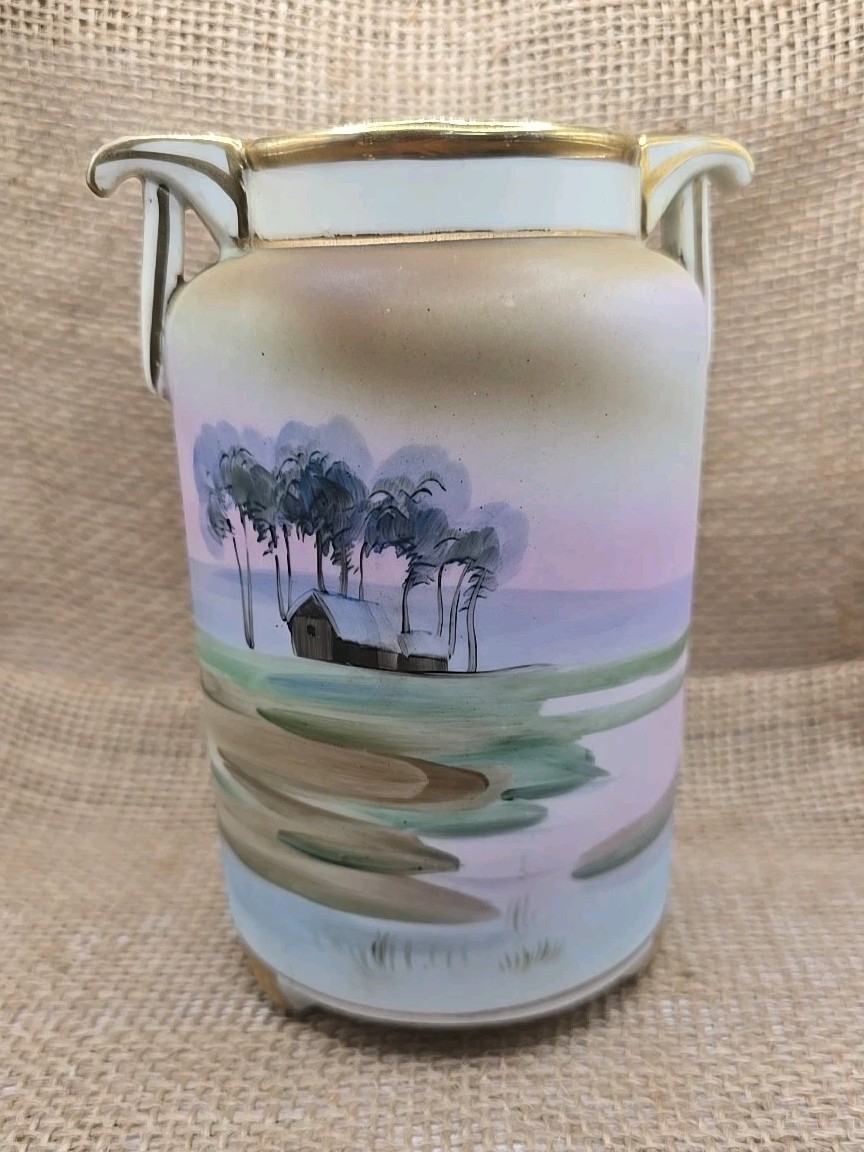 Antique Morimura Porcelain Hand Painted Urn Vase Lake House Scene Nippon