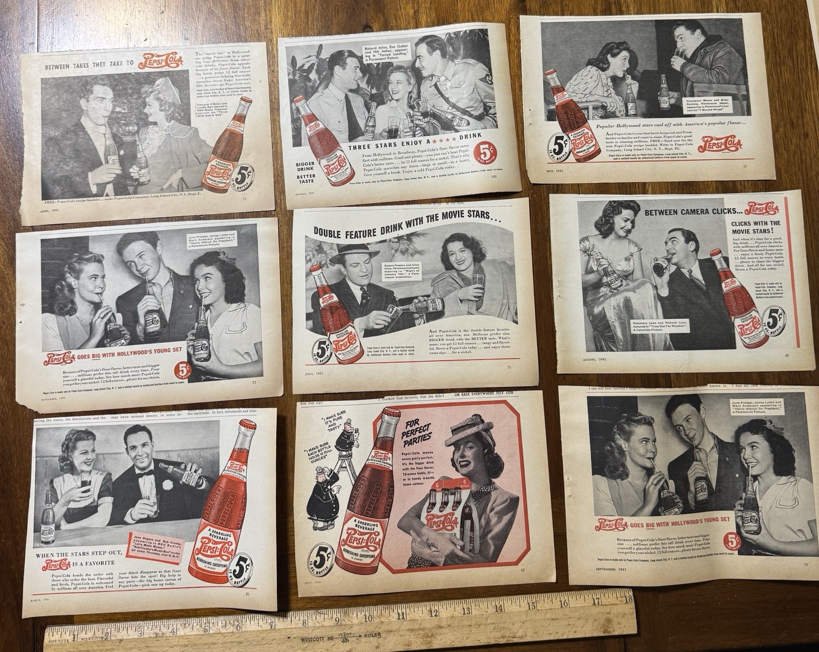 Lot 9 Vtg 1940s Pepsi Cola Ads Bottle Movie Film Stars Lucille Ball Eva Gabor