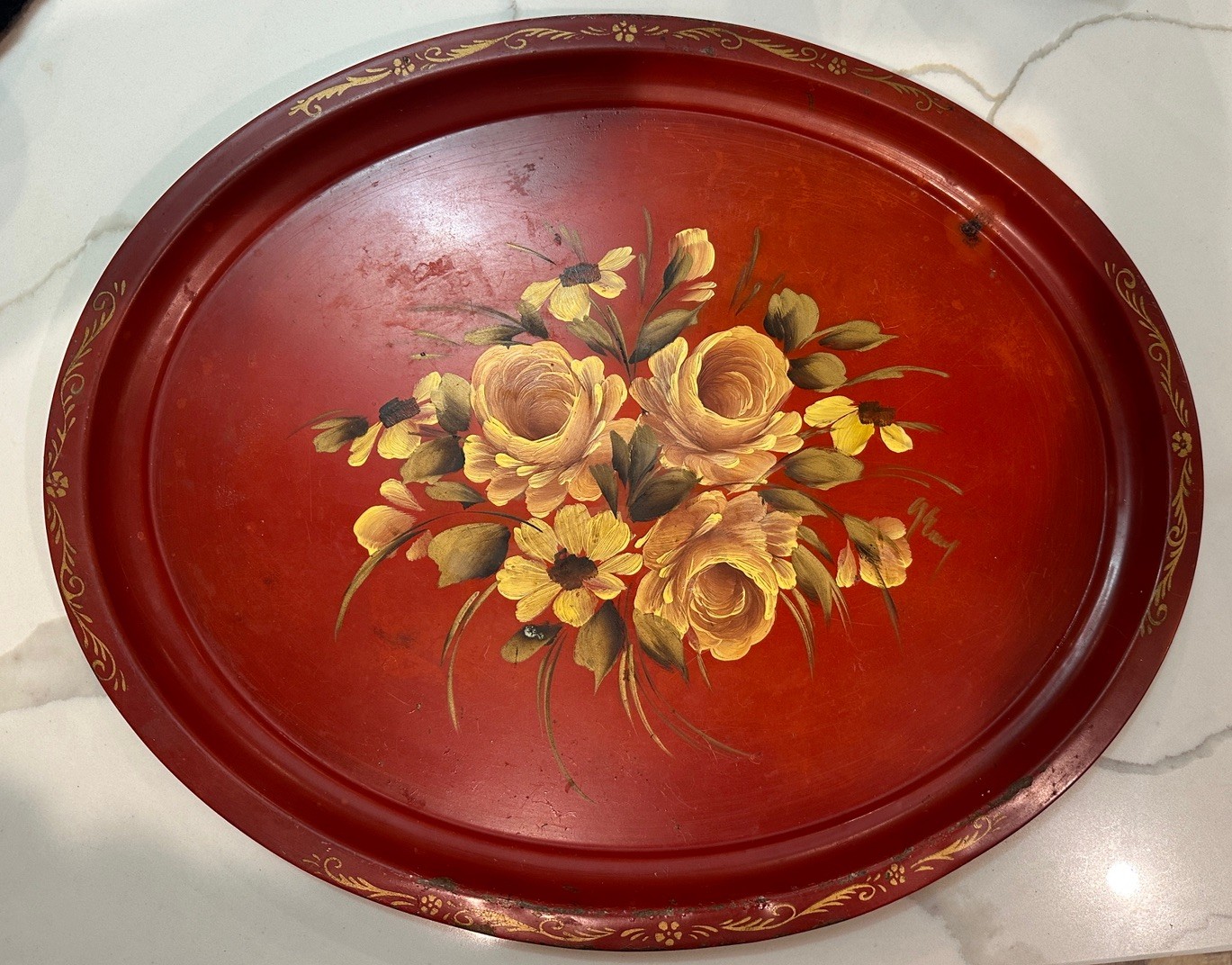 Artist-signed E.T. Nash Co. (Nashco) hand-painted tole tray  Cottagecore 24