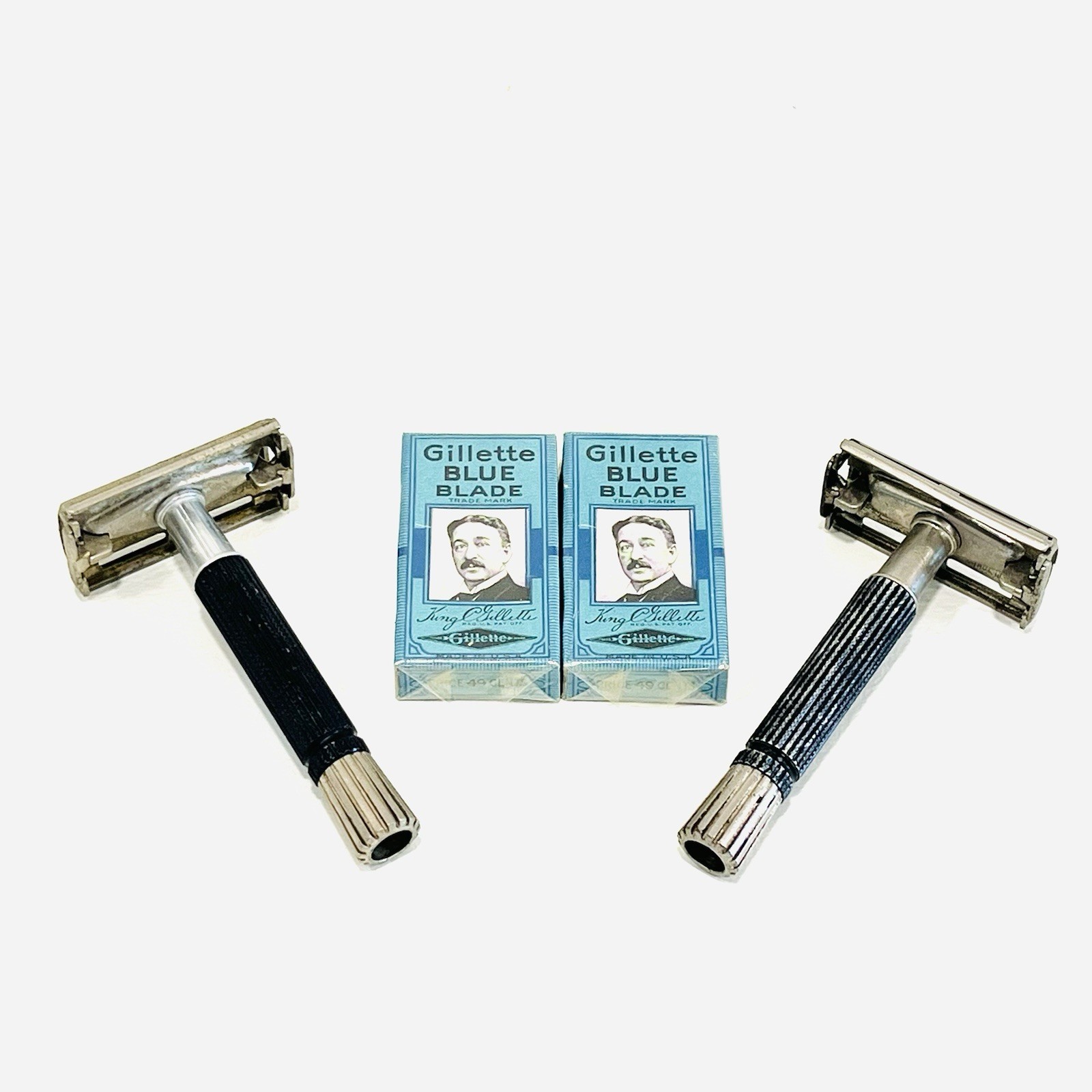 2X Vintage 1971 Gillette Black Handle Super Speed DE Safety Razor, Y1 And O1