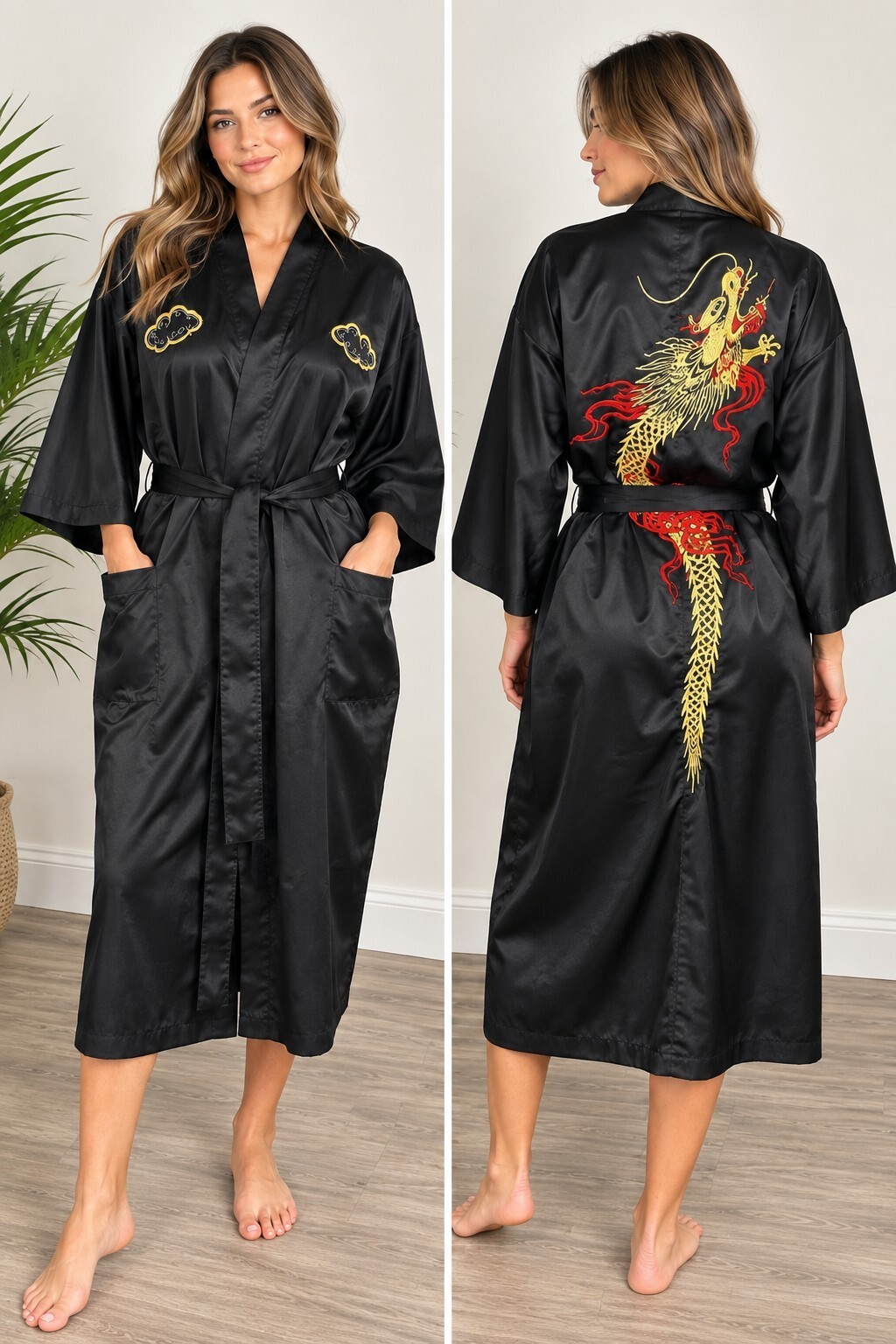 Vintage Japanese Dragon Kimono Robe Black Embroidered Satin Made in Japan Vintage Japanese Dragon Kimono Robe Black Embroidered Satin Made in Japan
