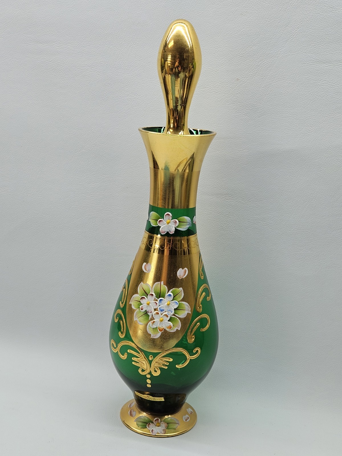 Vintage Victorian Glass Enameled Gilded Green & Gold Glass FLORAL Decanter