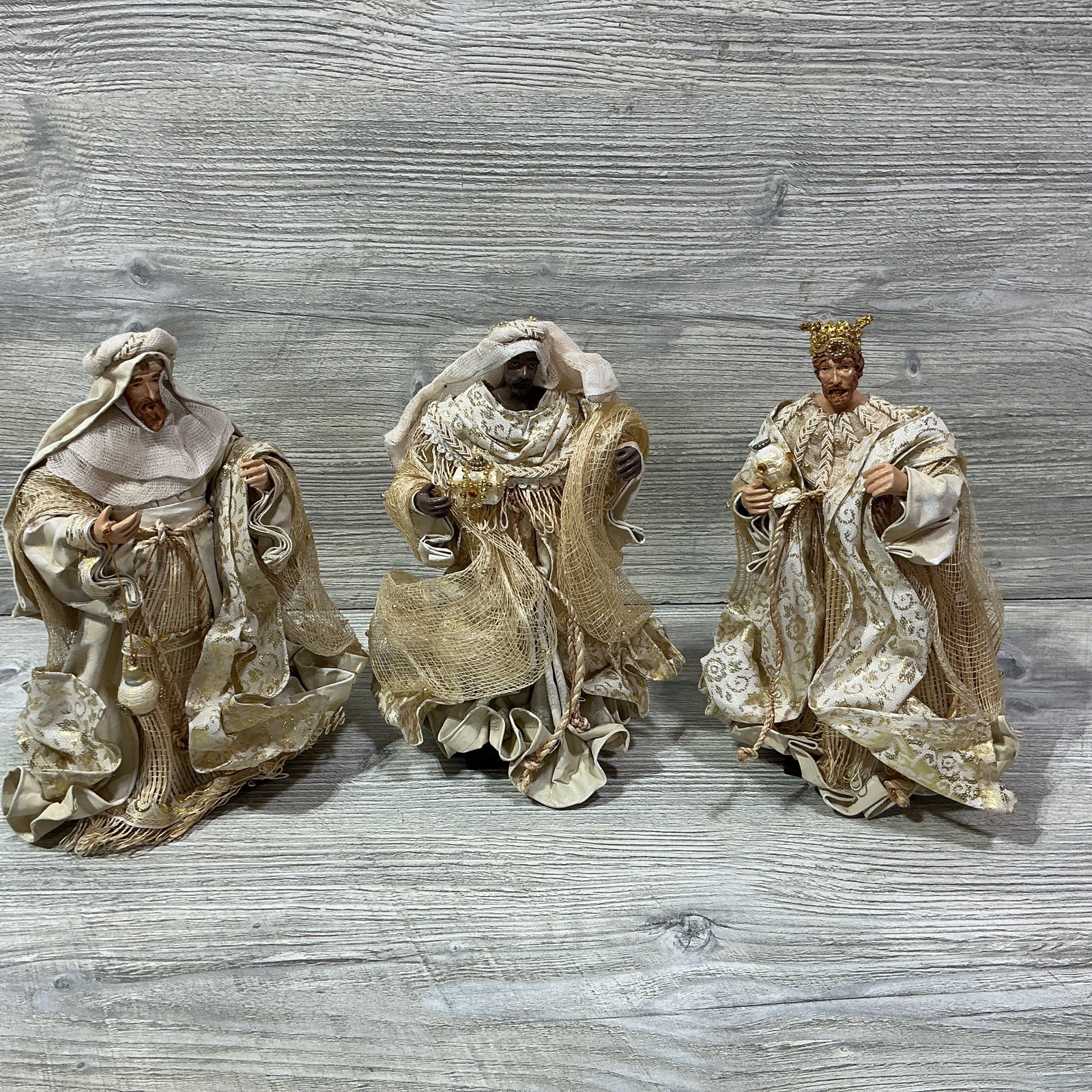 Vintage Paper Mache 3 Wisemen Nativity Gold Set Christmas 9” Tall