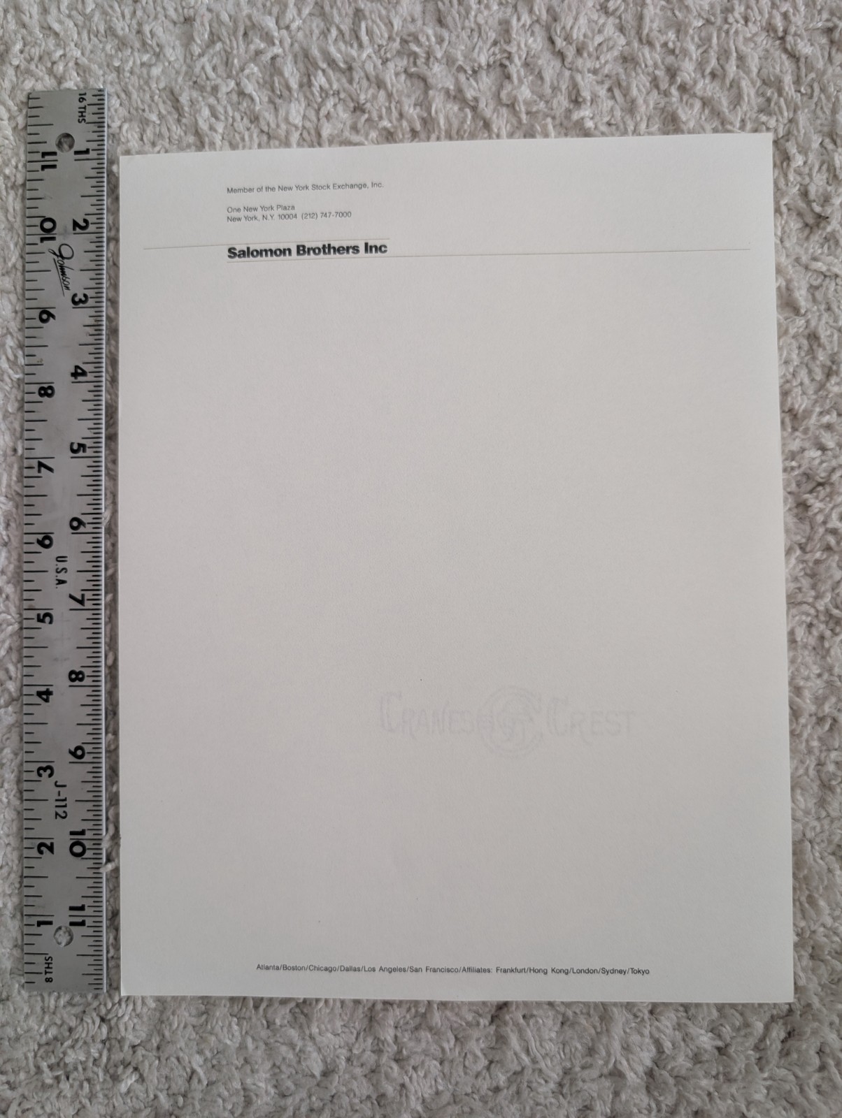 Salomon Brothers Stationery/ Letterhead – Crane’s Crest Watermark