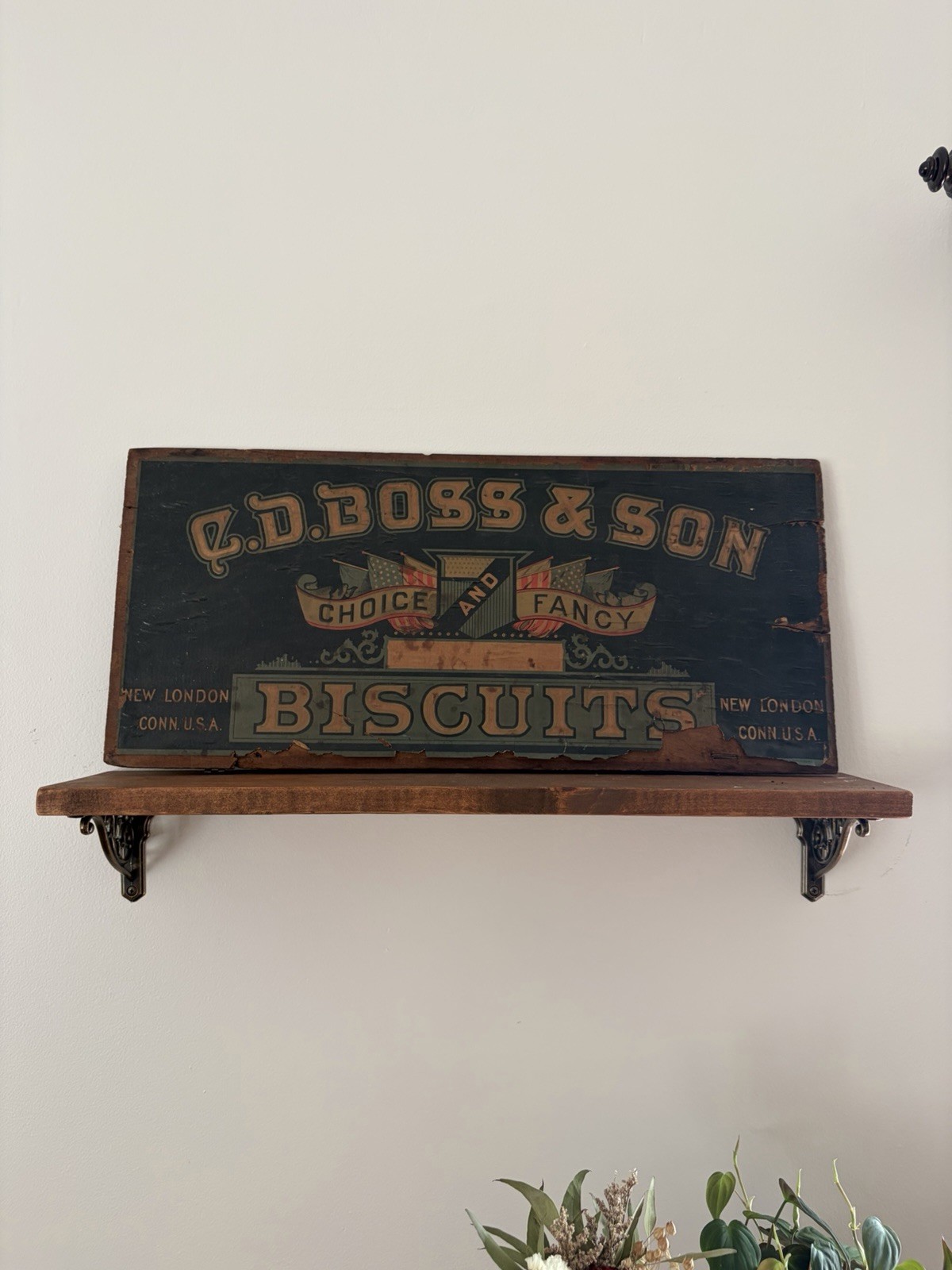 Antique C.D. Boss & Son Biscuits wood and paper crate lid Sign Antique C.D. Boss & Son Biscuits wood and paper crate lid Sign