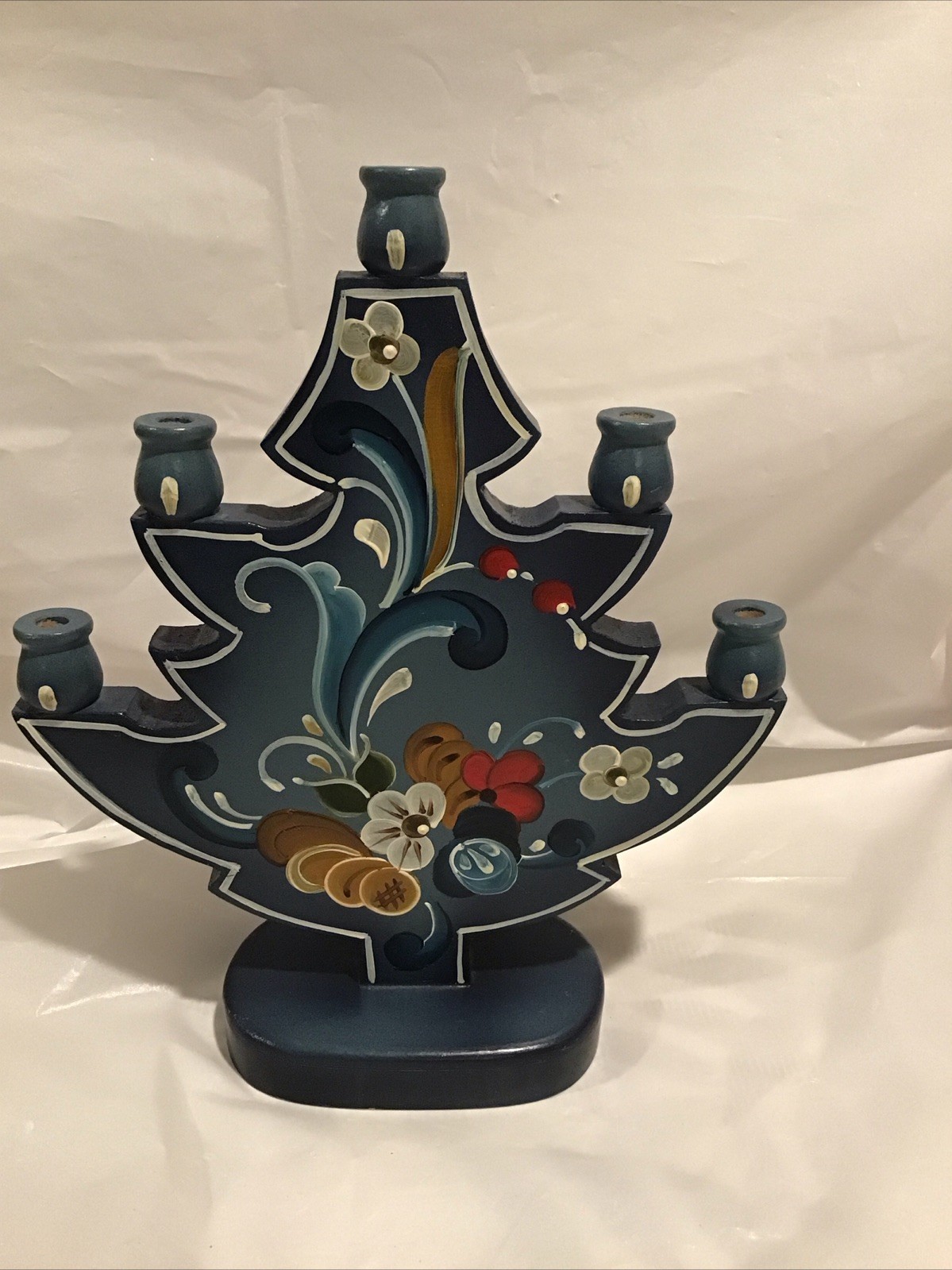 Norwegian Scandinavian Blue Rosemaling Candle Holder Hand Painted Folk Art 7.5