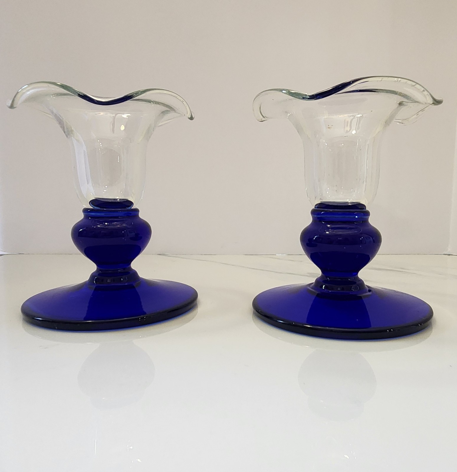 Vintage Pair Of Princess House Sapphire Crystal Cobalt Blue Taper Candleholders