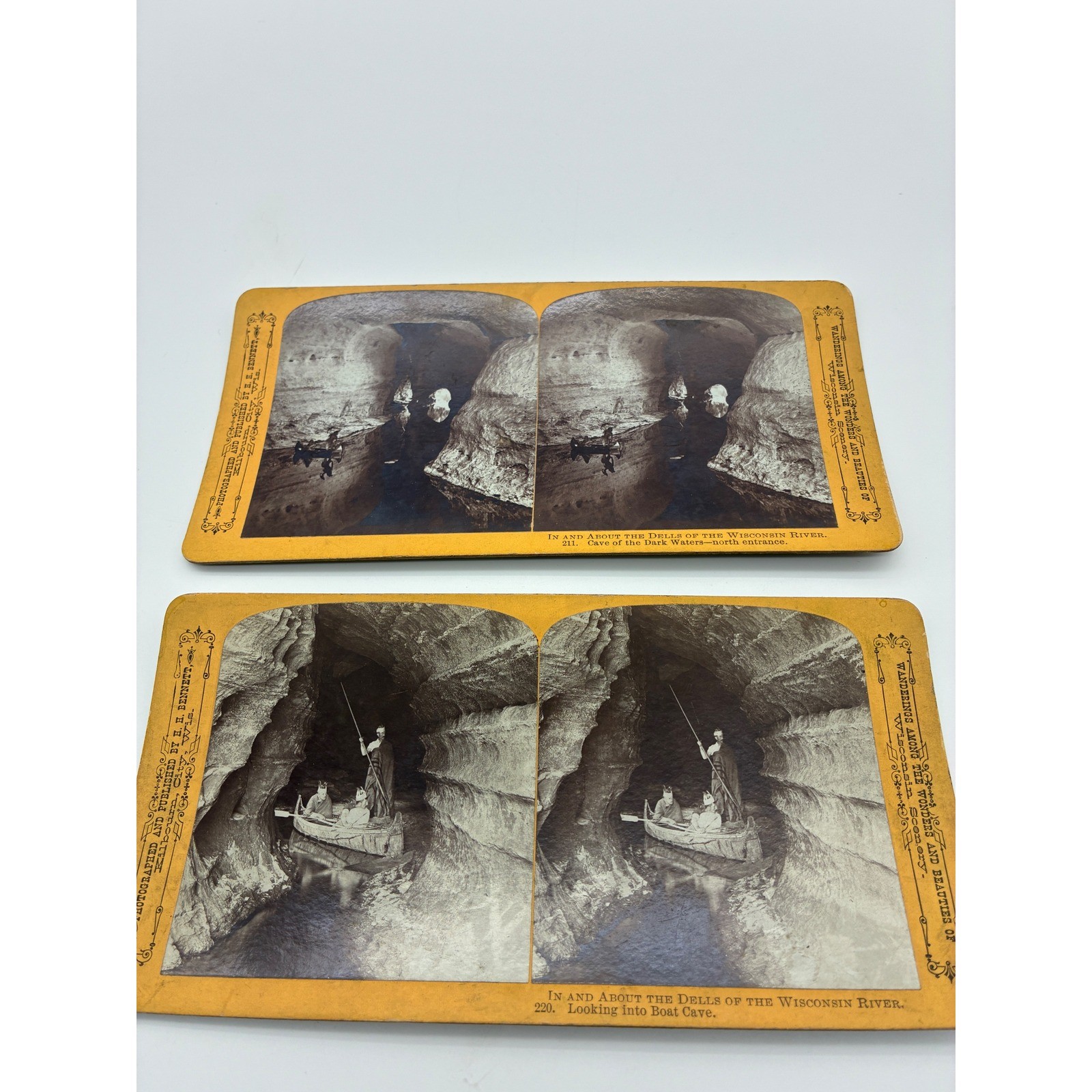 2 H. H. Bennett Stereoview Wisconsin Dells Boat Cave Dark Waters Canoe 211 220 2 H. H. Bennett Stereoview Wisconsin Dells Boat Cave Dark Waters Canoe 211 220