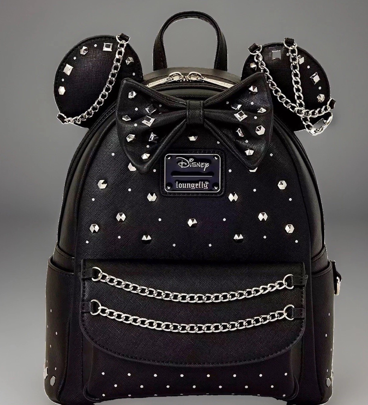 Loungefly Disney Minnie Mouse Black Studded Silver Chain Mini Backpack NEW RARE Loungefly Disney Minnie Mouse Black Studded Silver Chain Mini Backpack NEW RARE