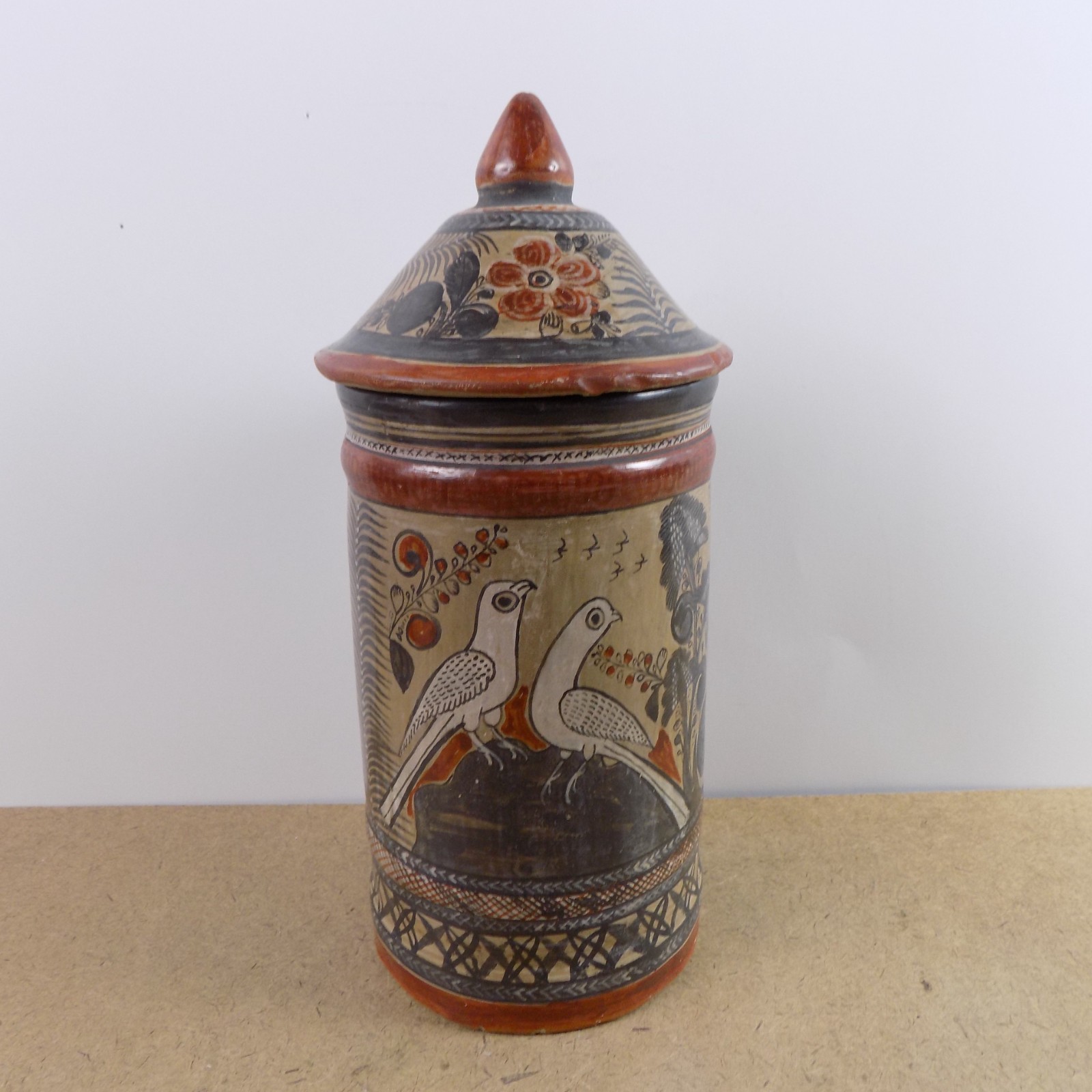 1974 Amado Galvan Mexican Tonala Pottery Jar w/ Doves Flowers 9.75