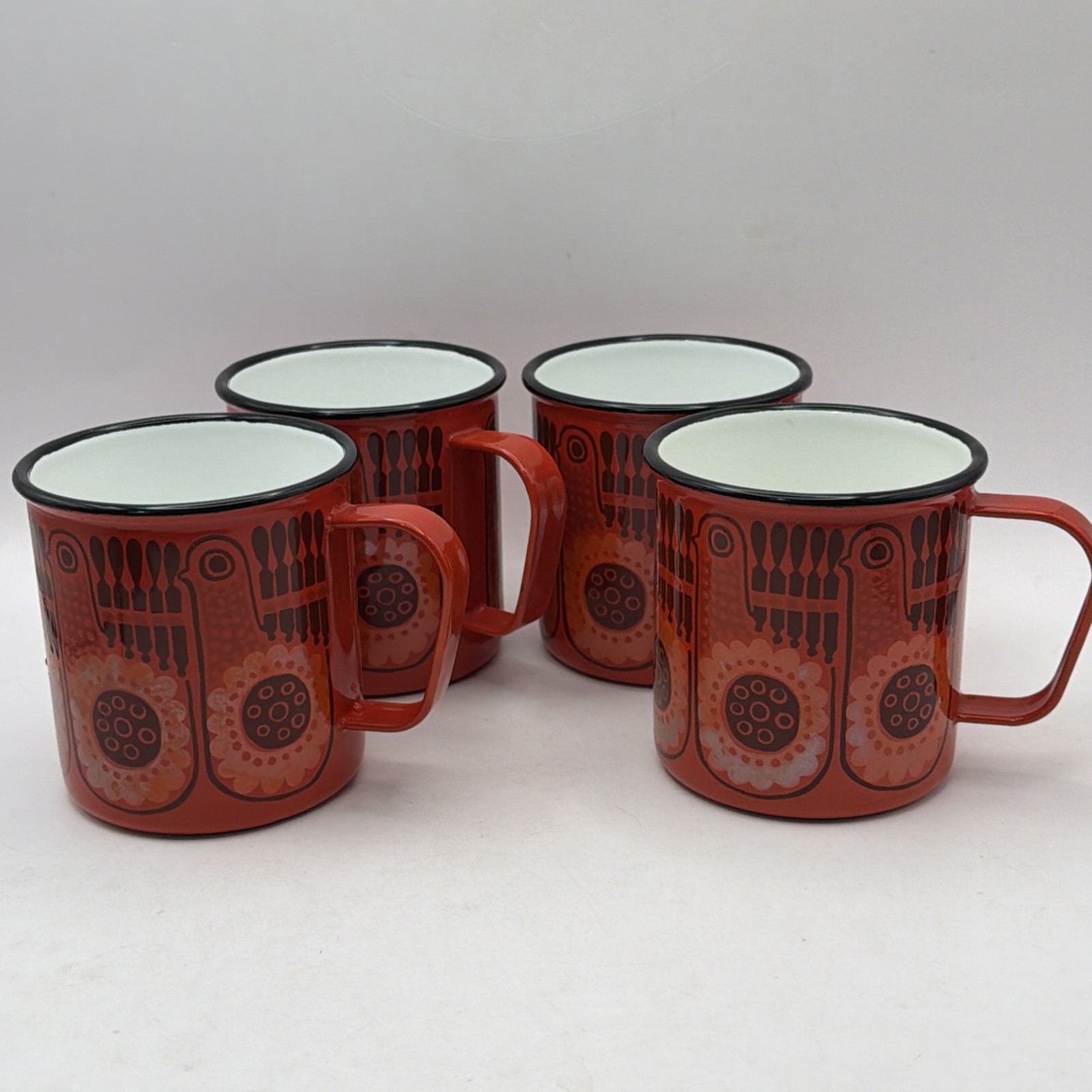 4 FINEL Arabia Coffee Mugs Cups Metal Enamel Red Birds Chickens Finland MCM VTG 4 FINEL Arabia Coffee Mugs Cups Metal Enamel Red Birds Chickens Finland MCM VTG