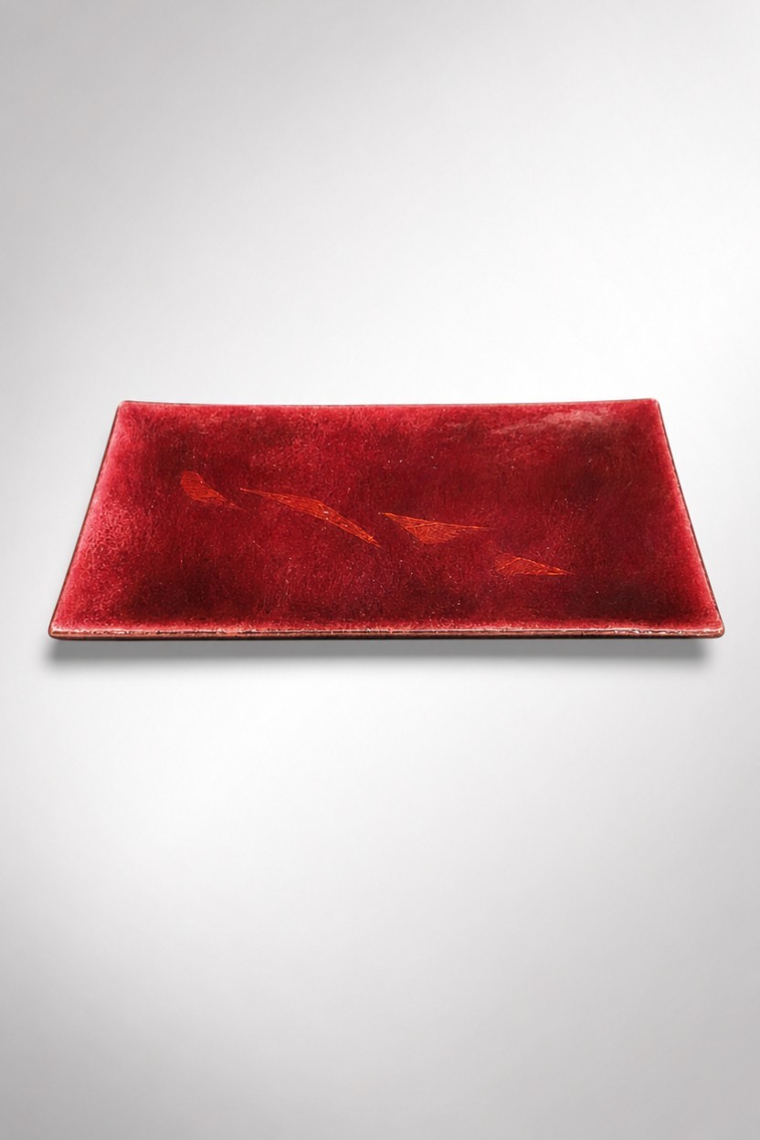 Vintage 1963 Signed Ann Enamel on Copper Trinket Tray Mid Century Modern Red