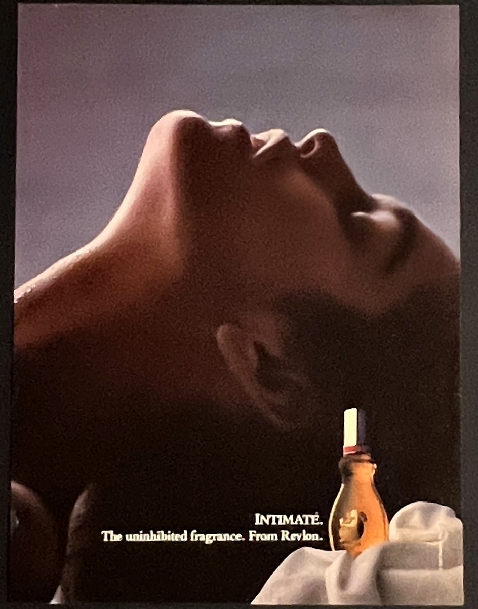 Intimate Uninhibited Revlon Fragrance Perfume Vintage Print Ad 1987