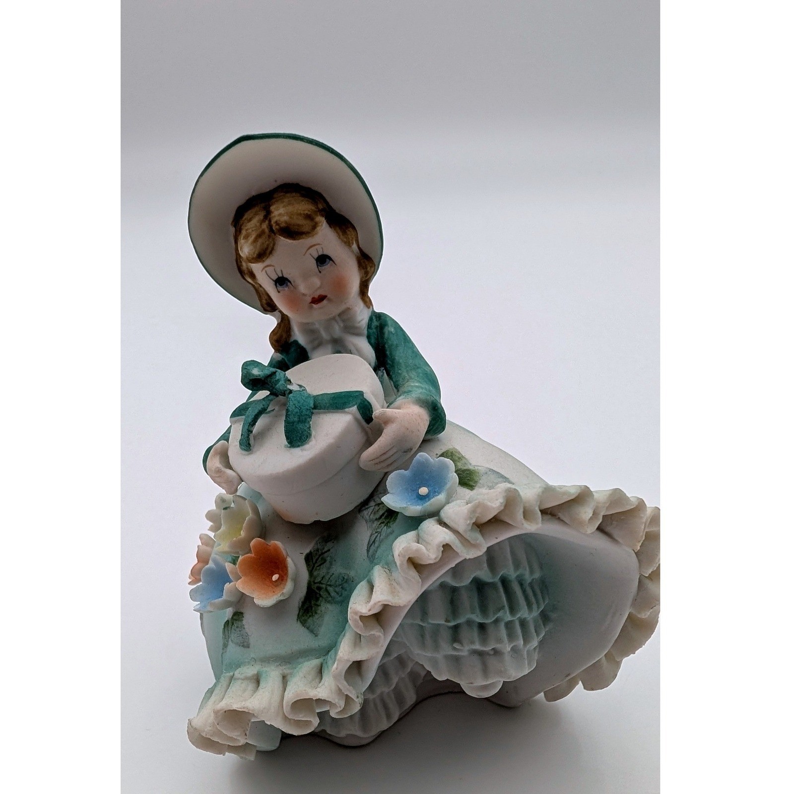 Vintage Lefton Bloomer Girl Figurine Teal Dress Ruffled Hat Applied Flowers Vintage Lefton Bloomer Girl Figurine Teal Dress Ruffled Hat Applied Flowers