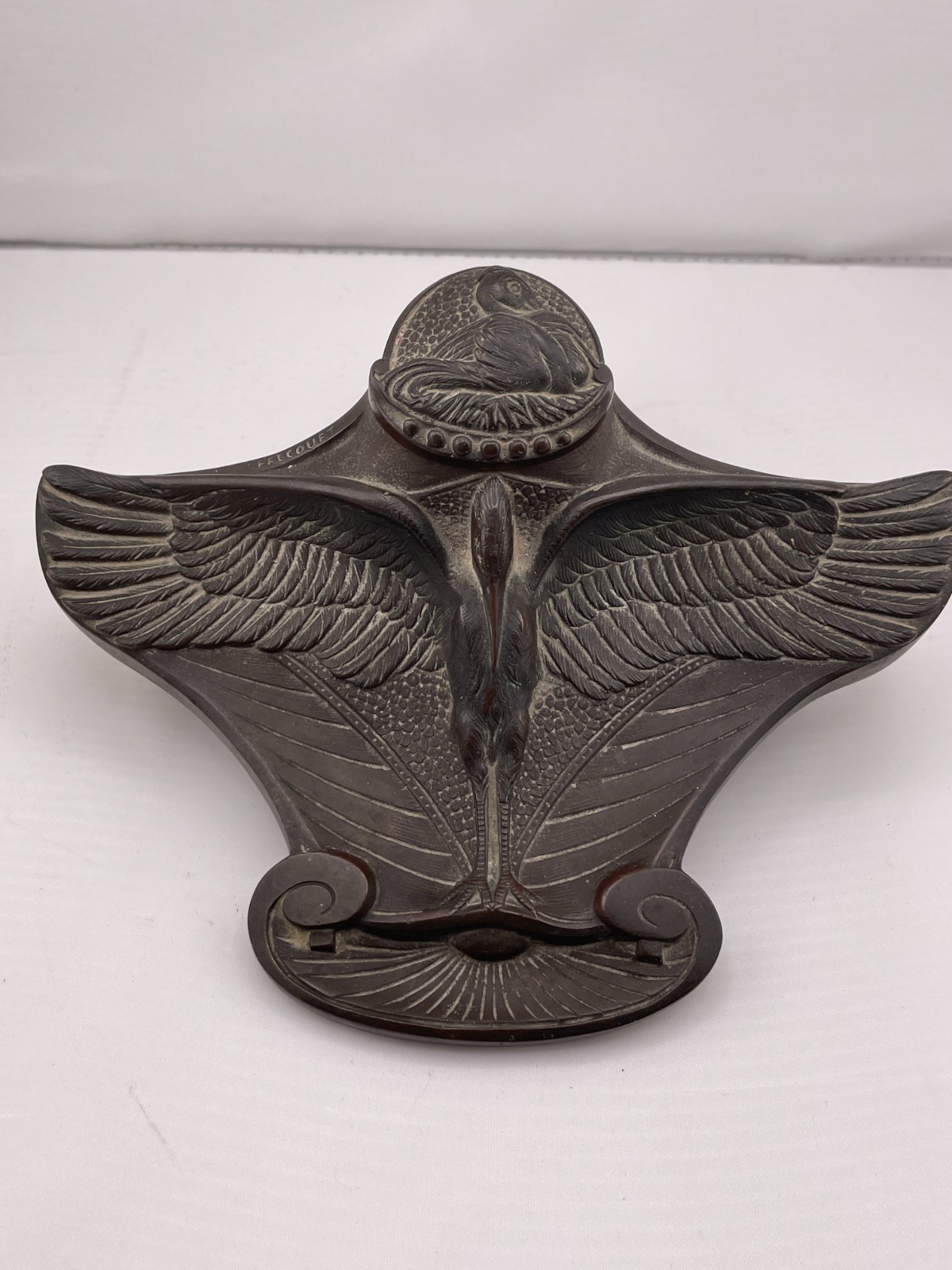 Antique 1890s Art Nouveau Bronze Stork Inkwell Maurice Frecourt Paris 6.5