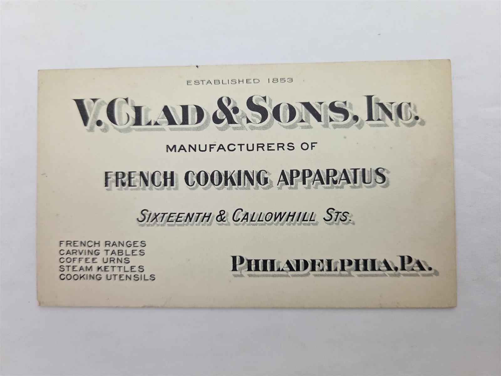 1930s antique V. CLAD & SONS phila pa MANUFACTURER FRENCH COOKING APPARATUS card