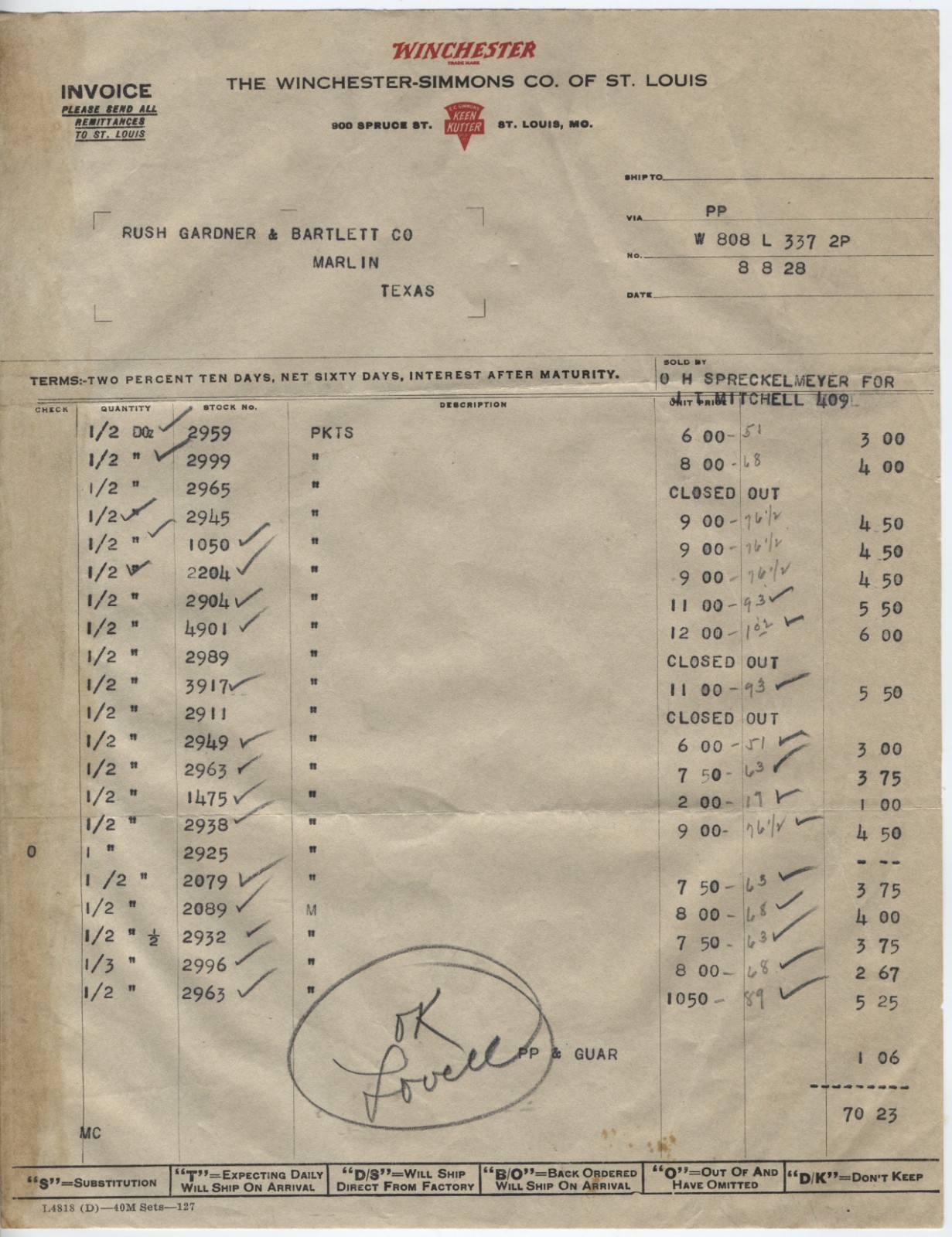 1928 BILLHEAD WINCHESTER SIMMONS HARDWARE CO. KEEN KUTTER ST. LOUIS MISSOURI