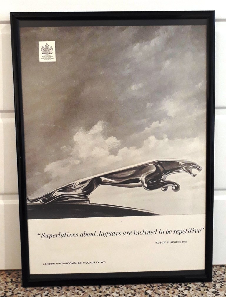 Framed original Classic Car Ad for the Jaguar \'leaper\' emblem fom 1965 Framed original Classic Car Ad for the Jaguar \'leaper\' emblem fom 1965