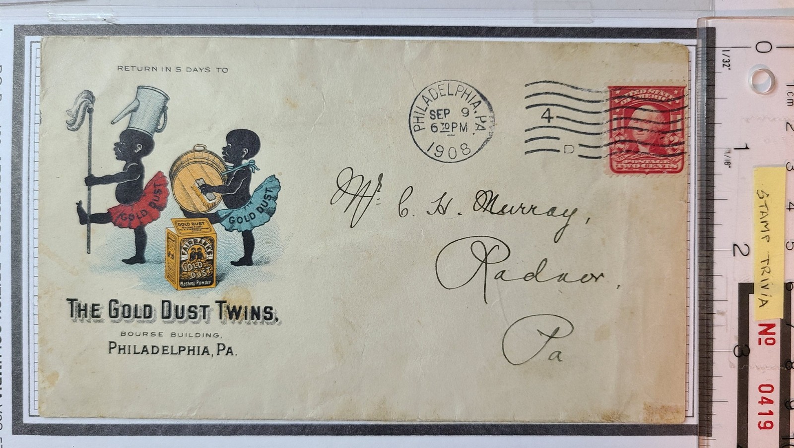 1908 USA Philladelphia to Radnor - Gold Dust Twins - Illustr. Advert. Cover 👀 1908 USA Philladelphia to Radnor - Gold Dust Twins - Illustr. Advert. Cover 👀