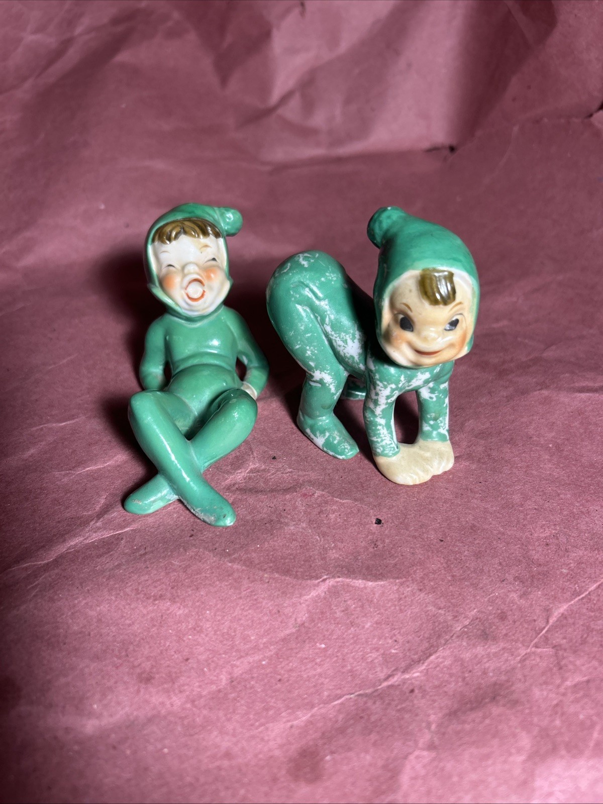 Vintage 1950s Japan Ceramic Pixie Elf Figurines Pair Green Kitsch Christmas MCM 