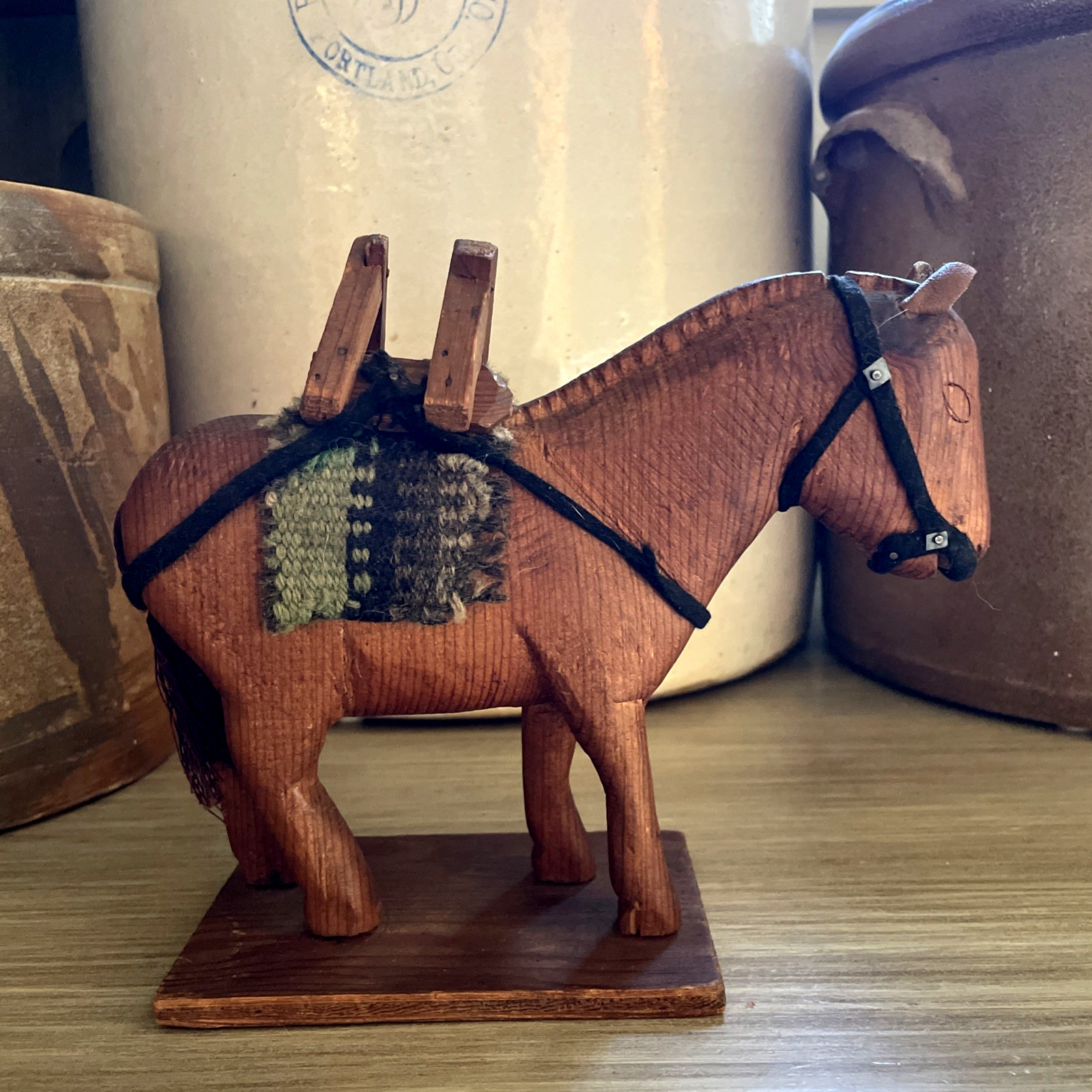 VTG Hand Carved Wood Donkey Figurine Pack Burro Folk Art Sculpture