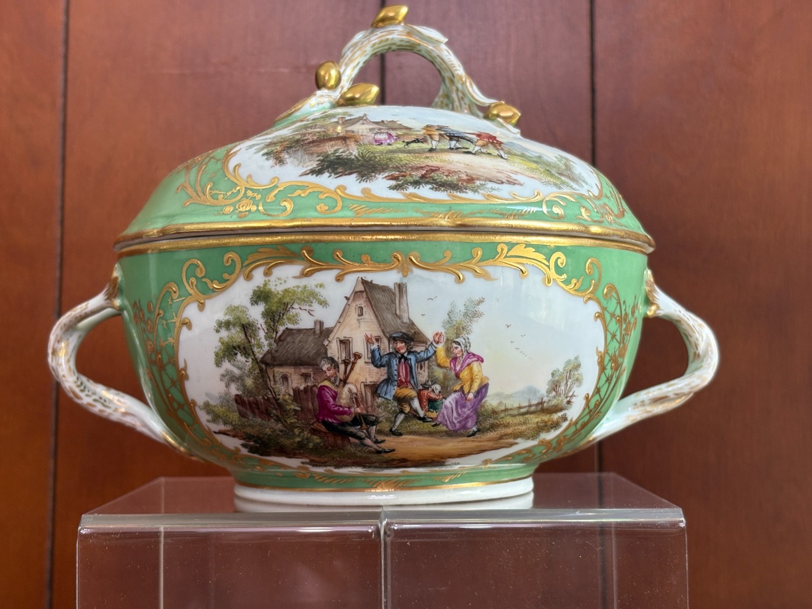 Antique Royal Vienna Covered Tureen Hand Painted country Scenes, Green, gilt
