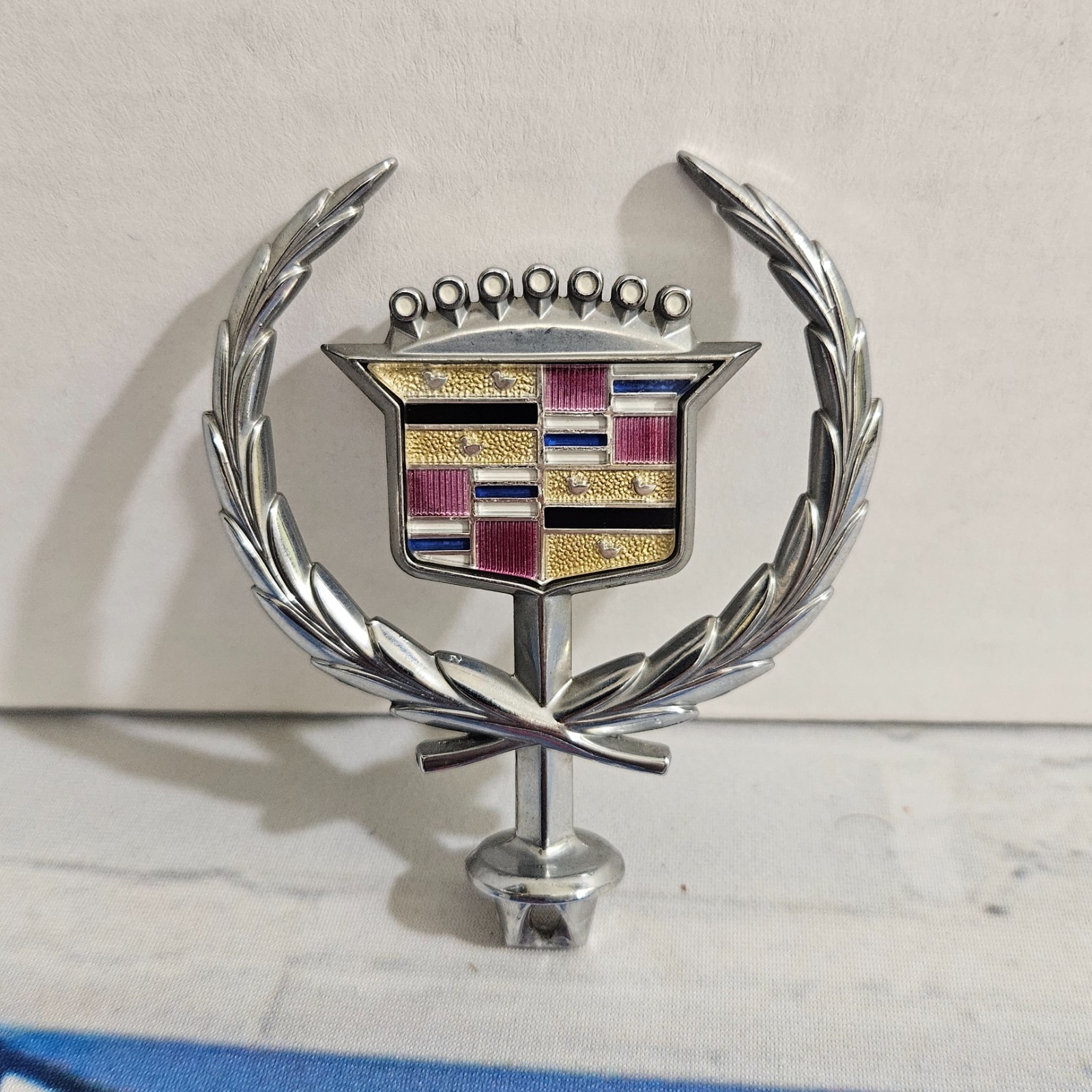 Vintage Cadillac Wreath & Crest Hood Ornament Chrome Multicolor Emblem