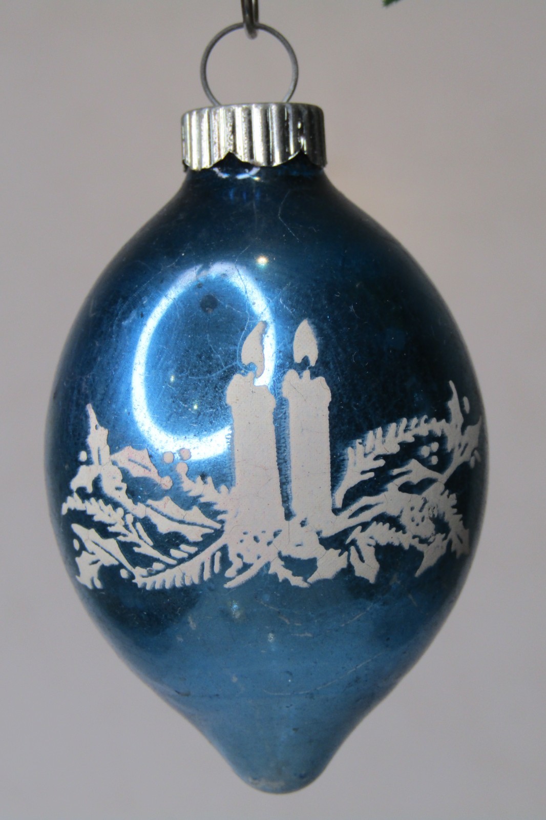 VTG 50's Glass CANDLELIGHT Pictured Drop Christmas Ornament Shiny Brite Blue