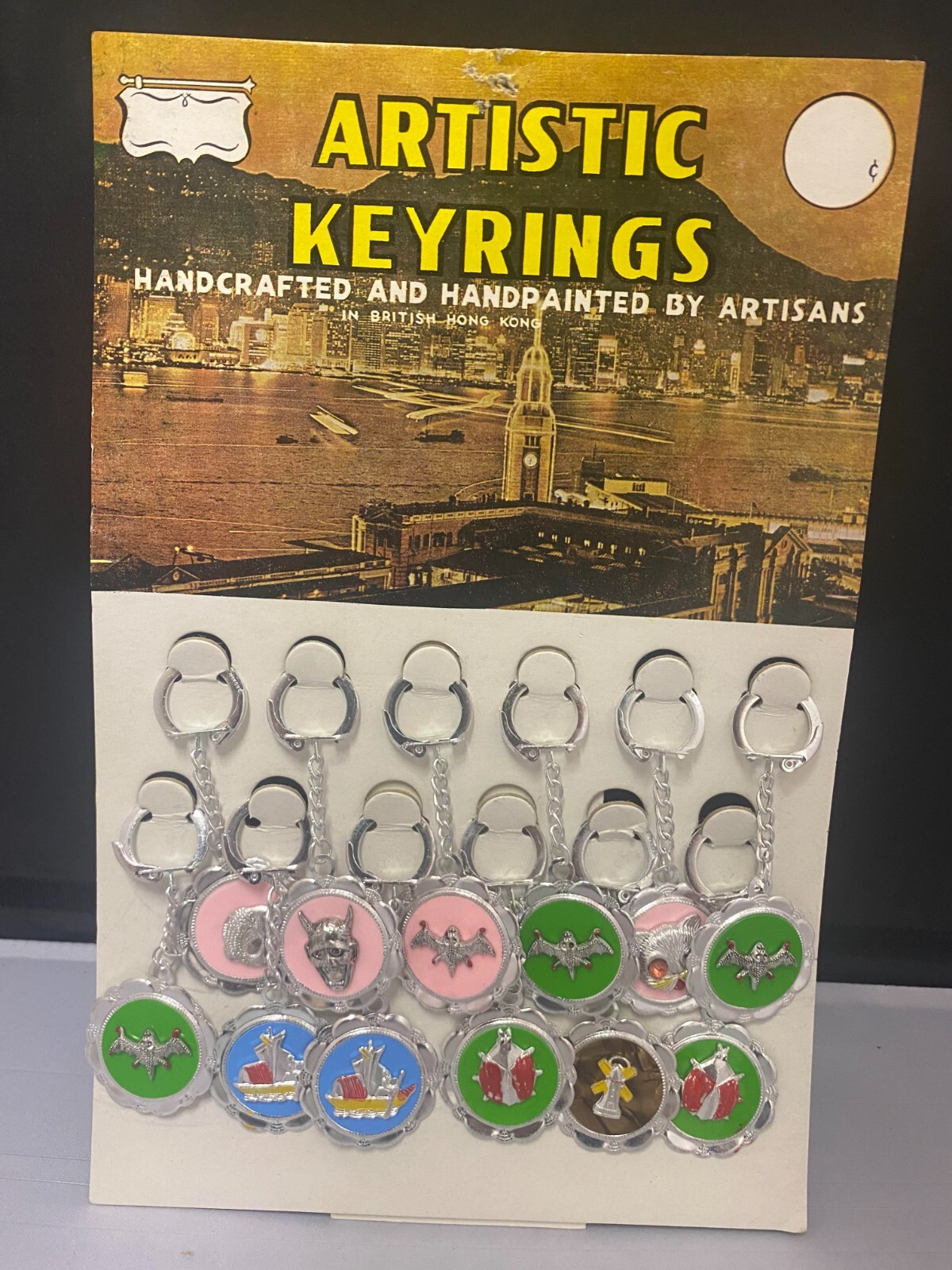  Vintage 1960s  KEY CHAIN  DISPLAY Old Store Stock Hong Kong Devil Head  Bats