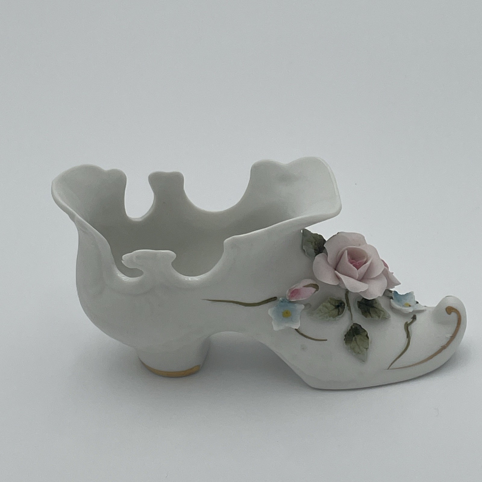 Vintage Lefton Porcelain Bisque Shoe Slipper Figurine Floral Flower Hand Painted