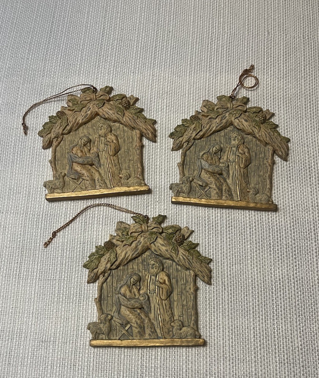 Lot of 3 Vintage Nativity Scene Hanging Christmas Ornaments Gold/Green Taiwan Lot of 3 Vintage Nativity Scene Hanging Christmas Ornaments Gold/Green Taiwan