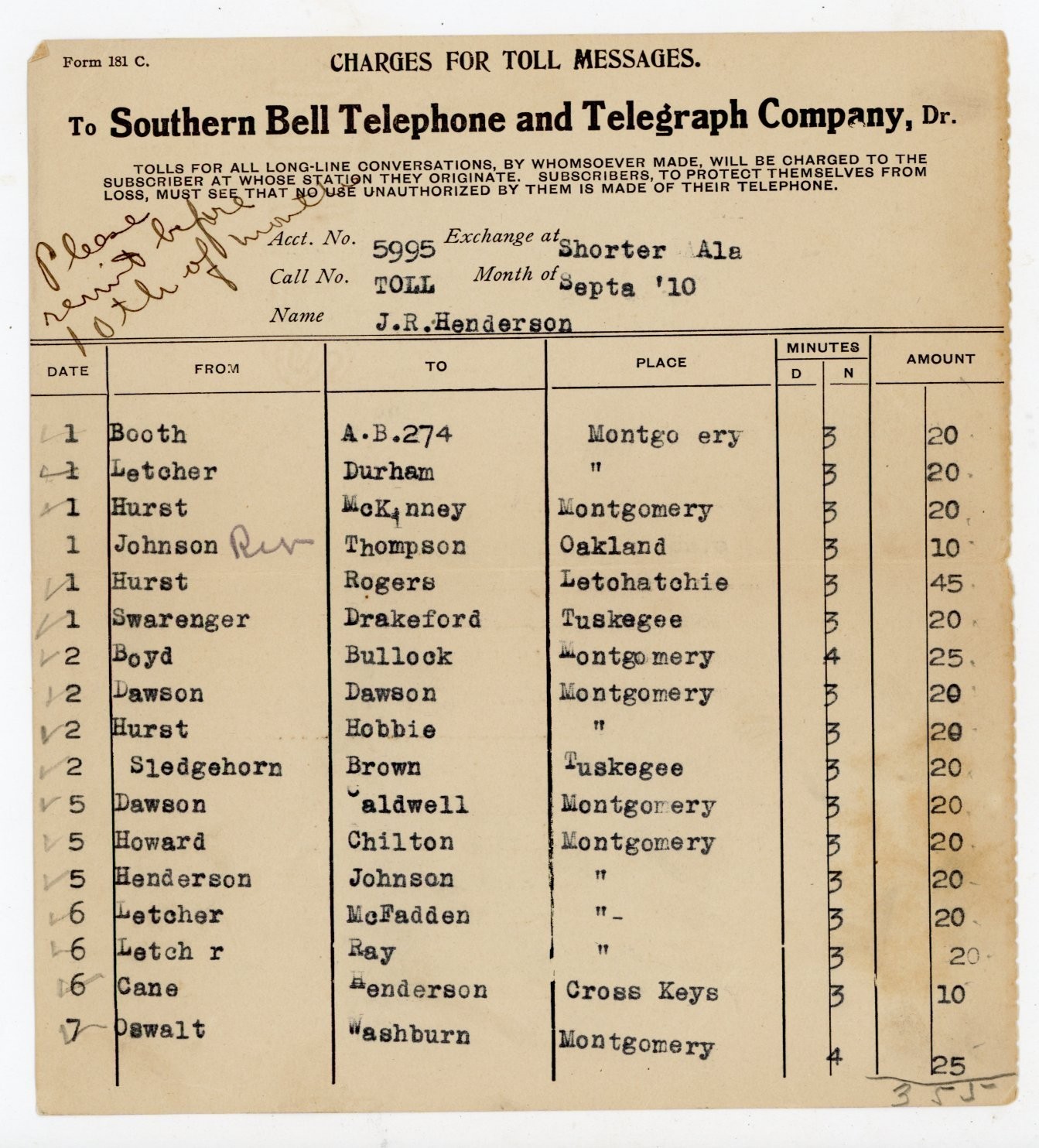 1910 Southern Bell Telephone Toll Bill Form – Alabama Long Distance Calls Epheme 1910 Southern Bell Telephone Toll Bill Form – Alabama Long Distance Calls Epheme