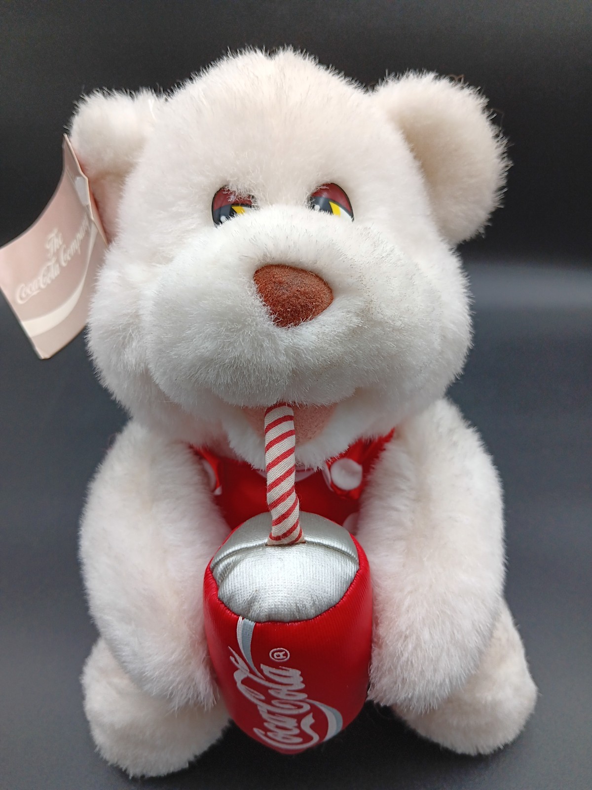 Coca-Cola Bear Play By Play 1993 Plush Holding Can with Straw 8 Inches Tall