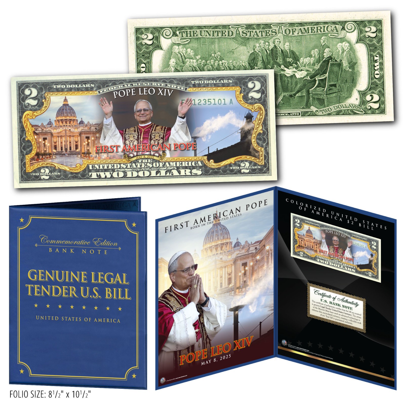 POPE LEO XIV 1st American Born Pope Official $2 U.S. Bill in 8x10 Photo Display