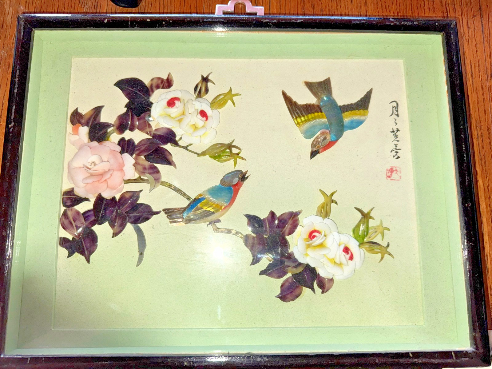 VINTAGE Japanese 3D flower /bird Shadow Box 13.” Long X 9.75High MOTHER OF PEARL