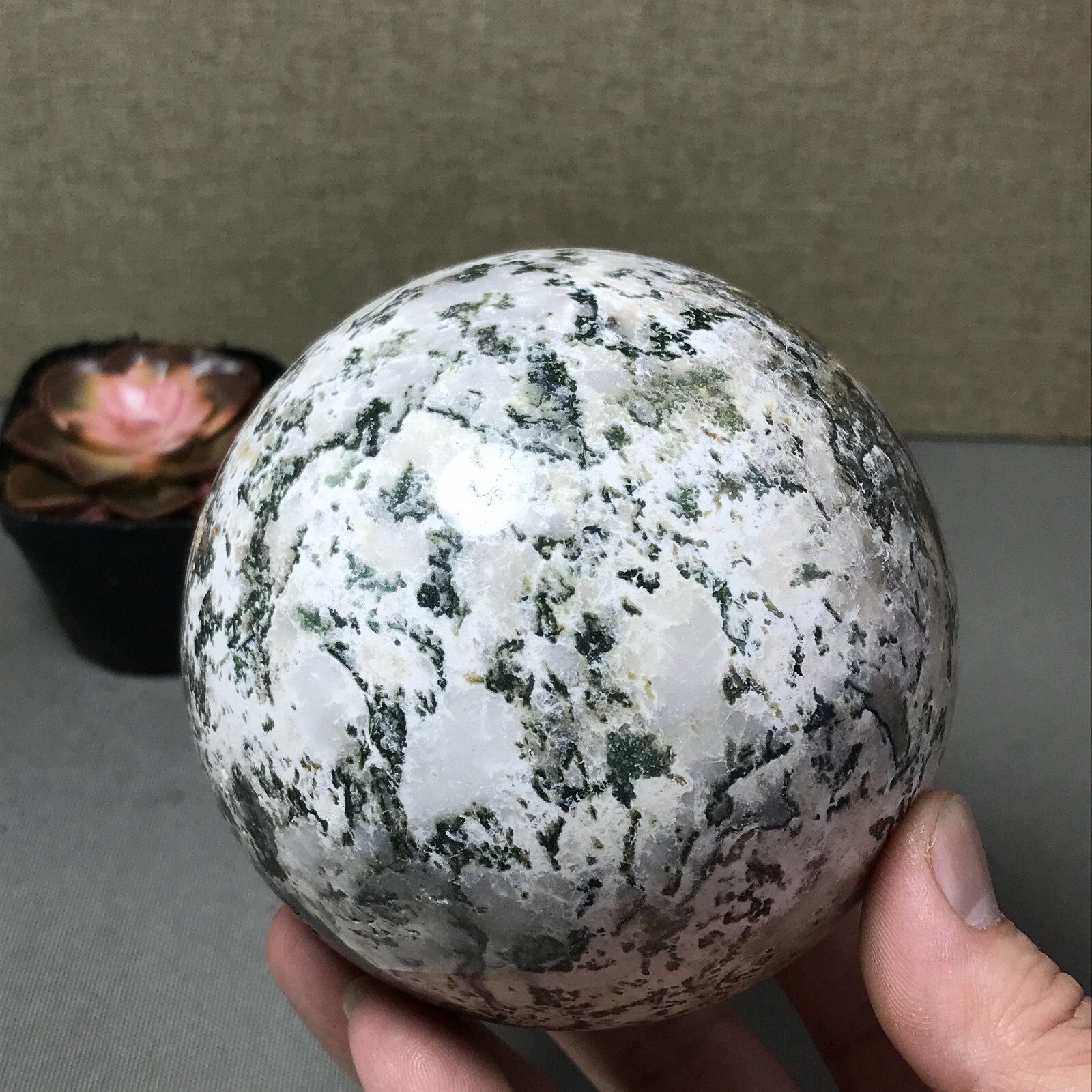 98mm Natural Polish/Rough Moss Agate Crystal ball sphere Specimen 1261g A6785 98mm Natural Polish/Rough Moss Agate Crystal ball sphere Specimen 1261g A6785