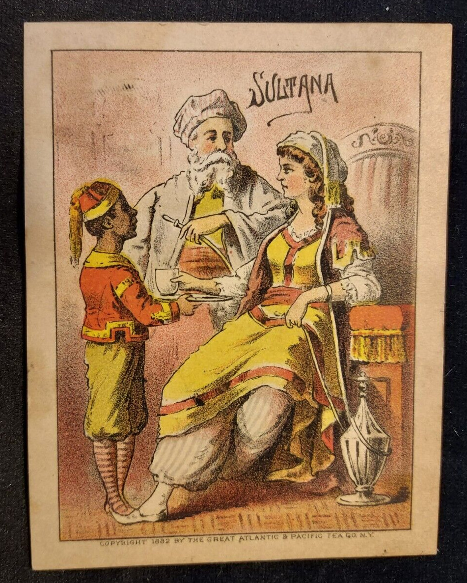 1882 Trade Card Sultana Coffee Hookah Smoking Servant Great Atlantic Pacific Tea
