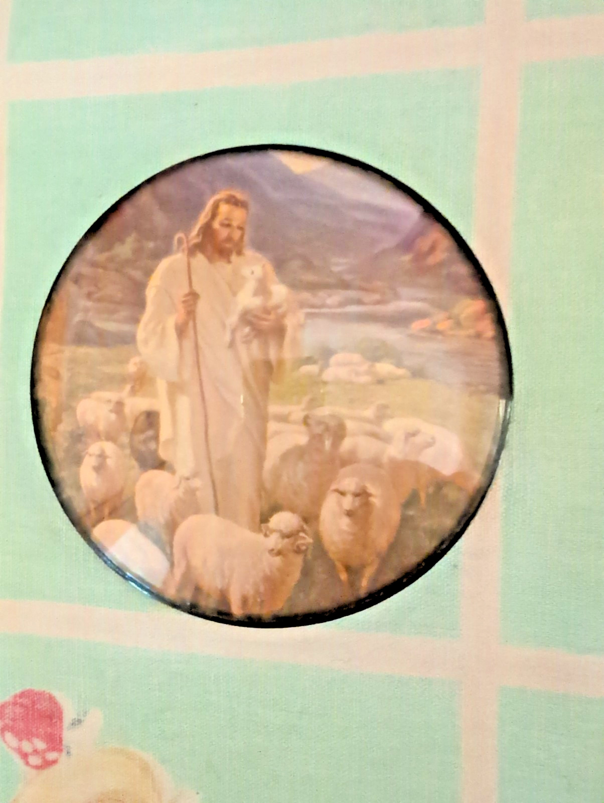 Vintage Jesus The Good Shepherd Wall Hanging Round Dome Convex Glass 4\ Vintage Jesus The Good Shepherd Wall Hanging Round Dome Convex Glass 4\