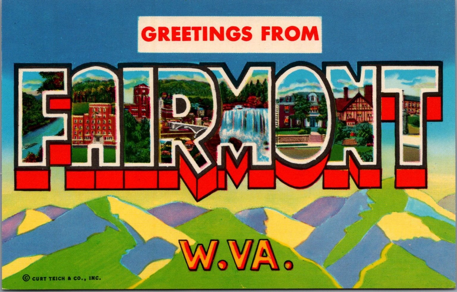 Greetings From Fairmont W.VA. Large Letter Linen Postcard Waterfall Bridge City