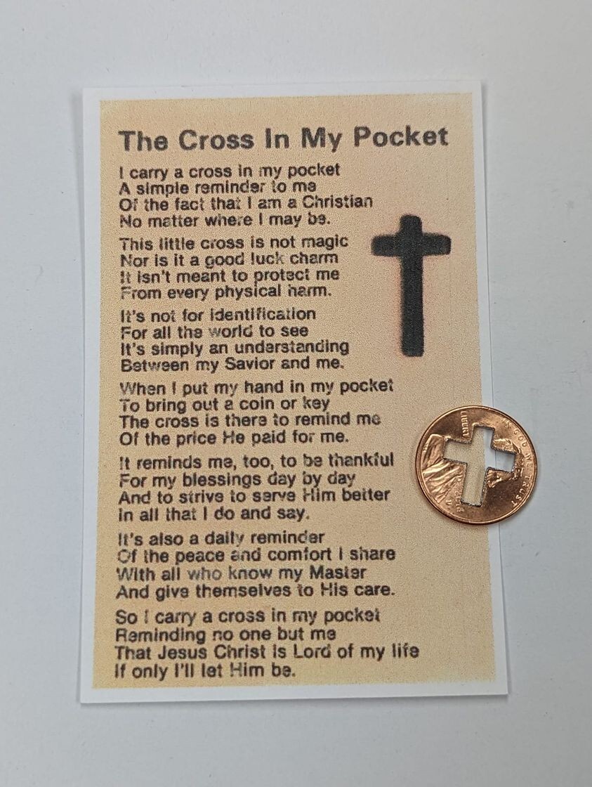 The Cross In My Pocket poem card with a cut out penny cross
