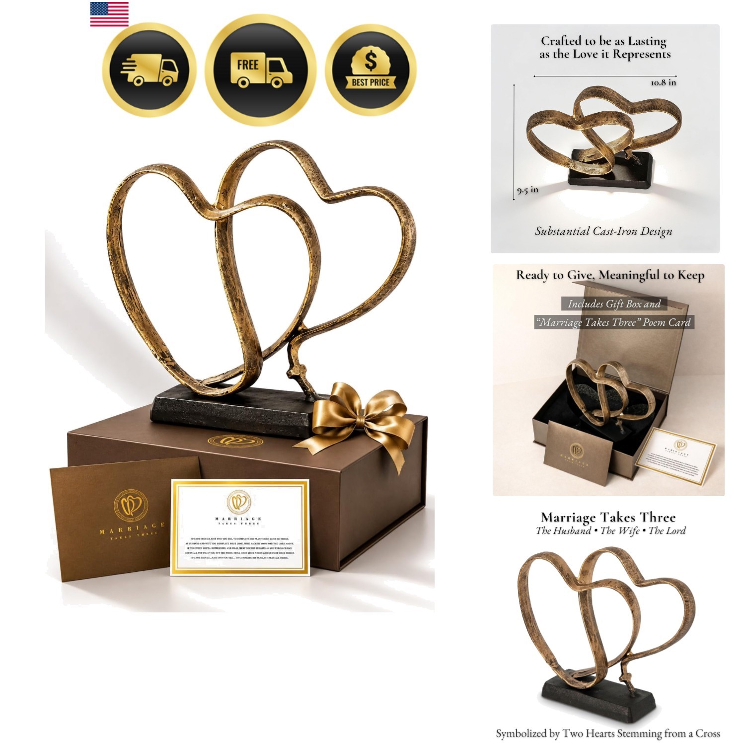 Wedding Anniversary Couples Gift - Two Hearts and Cross Iron Sculpture, Heart... Wedding Anniversary Couples Gift - Two Hearts and Cross Iron Sculpture, Heart...