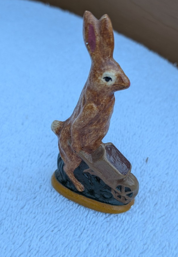 Vintage Miniature Small brown miniature  Rabbit Bunny w / wheel barrel 3\