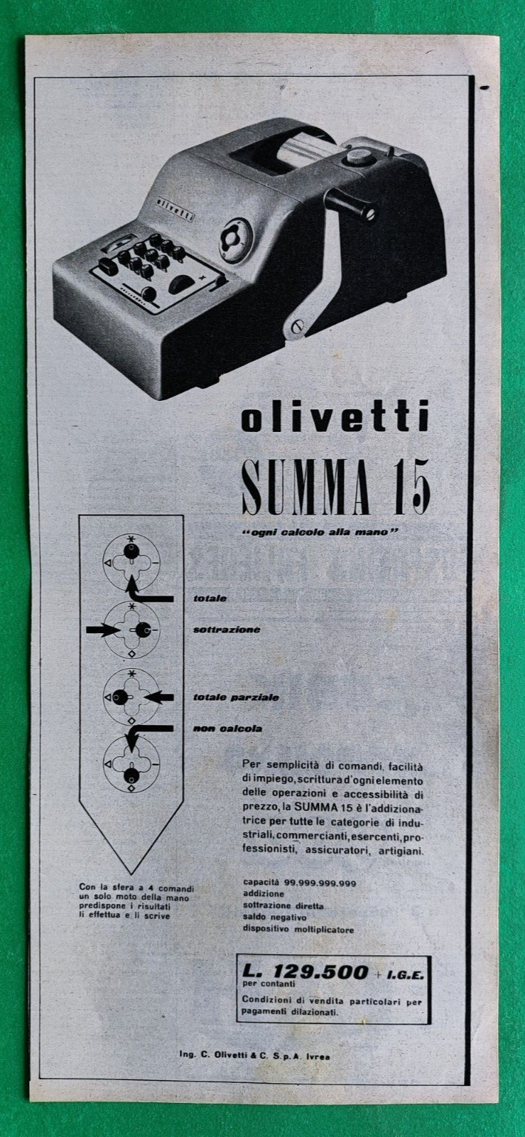 Olivetti Summa 15 Original Advertisement 1952 ADDITION MACHINE
