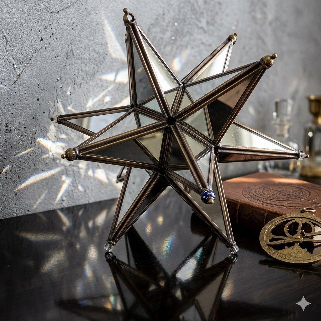 Moravian Star Glass Mirrored Silver Tone Brass Tone Decor 8.5” x 8.5” Figure