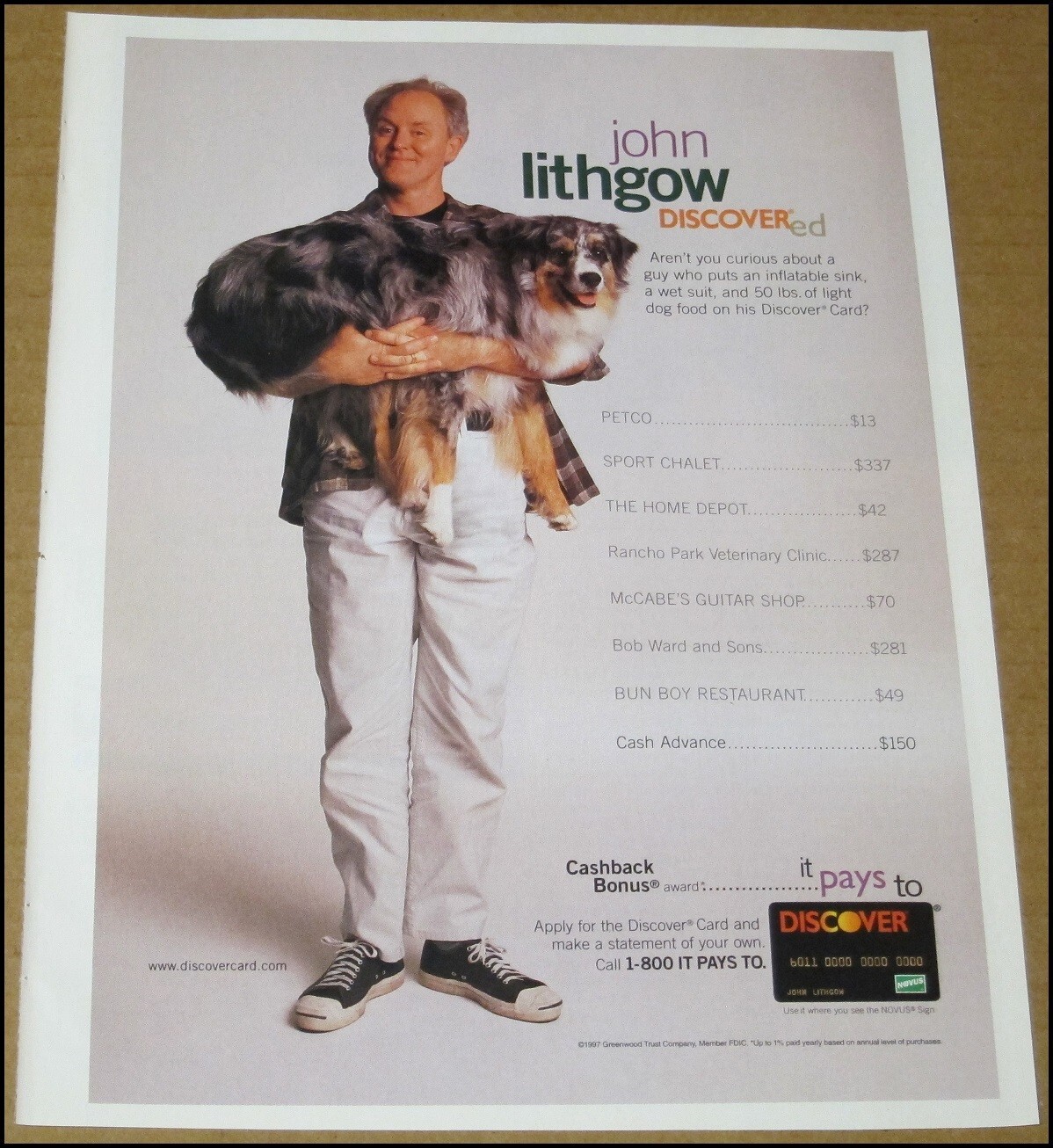 1997 John Lithgow Discover Credit Card Print Ad Advertisement Page Vintage