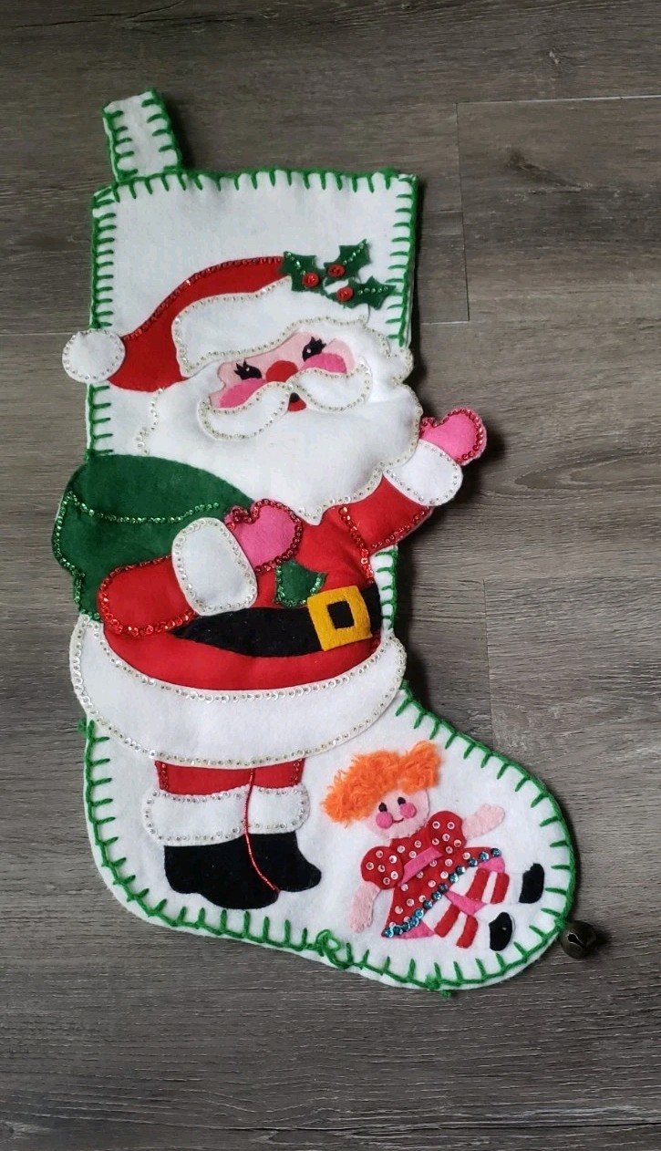 VTG Bucilla 1868? Completed Felt Christmas Stocking Holiday Santa STAINS NO TOYS