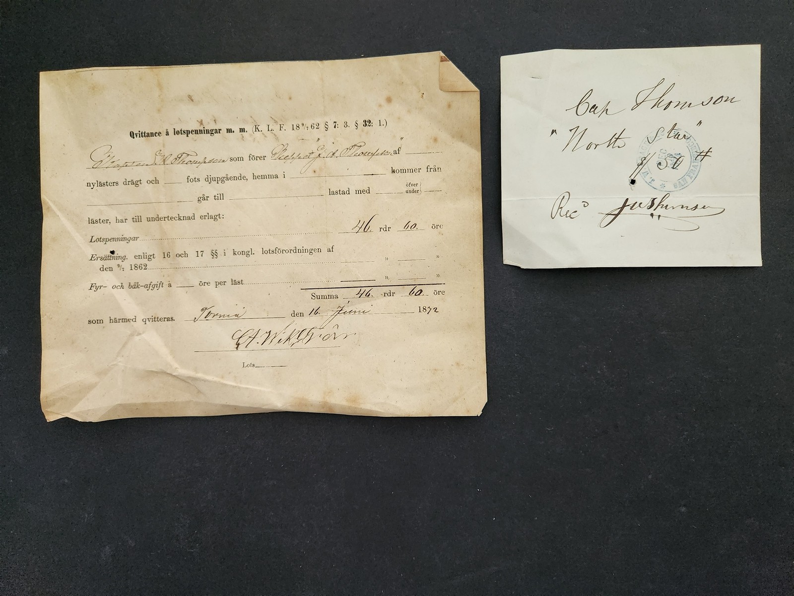 1872 antique CAPT THOMPSON “NORTH STAR” sweden MARITIME SHIPPING RECEIPT LOT